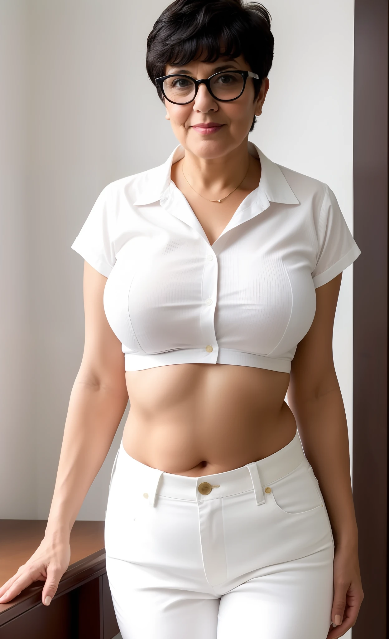 bespectacled elderly older mature master cheeky female brazenly in unbuttoned cleavaged midriff-shirt, deep unglued V-neck, V-chest cleavage, overly low rise sailor pants, very short shaved black mature woman haircut, deep and drop-shaped big navel!