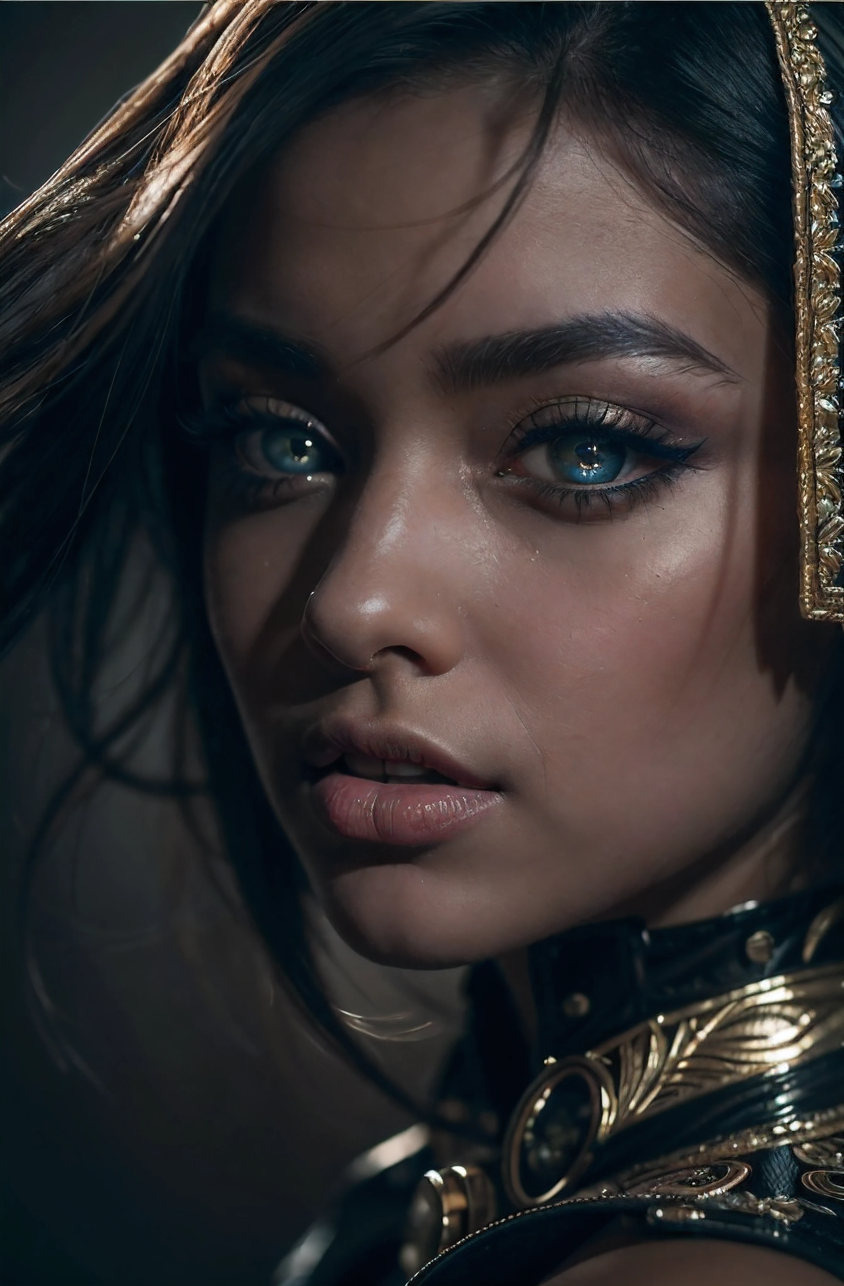 (complex composition:1.3), (detailed and expressive eyes:1.6), (futuristic style), (An intimate portrait of a happy woman), (she wears elegant futuristic clothing:1.2), (closed mouth:1.2), (authentic expression in her eyes: 1.2), wearing dark smoke eye makeup, the photograph captured in stunning 8k resolution and raw format to preserve the highest quality of details. (bare shoulders), (her eyes are portrayed with meticulous attention to detail: 1.3), The photograph is taken with a lens that emphasizes the depth in her eyes, and the backdrop is a dark studio setting that enhances the colours of the scene. The lighting and shadows are expertly crafted to bring out the richness of her skin tone and the intense atmosphere. Her creative hair adds a touch of contrast against her skin, The overall composition captures her essence with authenticity and grace, creating a portrait that celebrates her heritage and beauty. Photography utilizing the best techniques for shadow and lighting, to create a mesmerizing portrayal that transcends the visual, slightly tilted head,