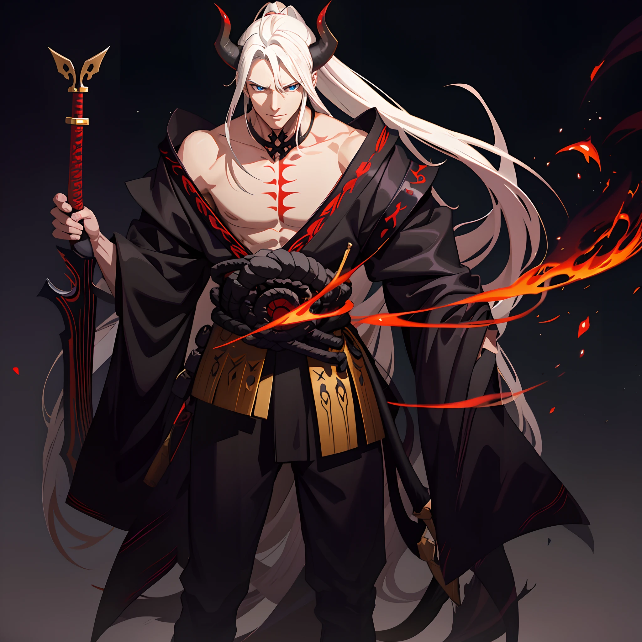 Image of Arafard with a demon with a sword and fire, fit male demon with white horns, by Yang J, djinn man male demon, Amazing 8K character concept art, Demon Samurai, demon samurai warrior, Epic fantasy digital art style, lord of cinder, demon noble character design, demon soul concept art, Epic fantasy character art,Back panorama,Demon samurai back panorama