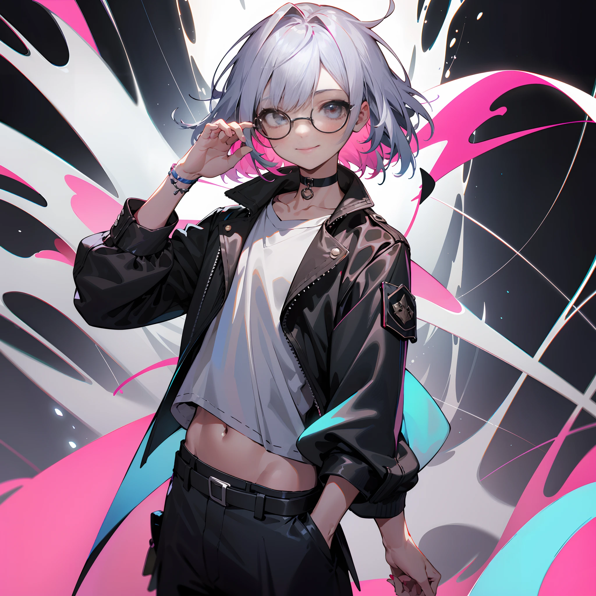 (Male child, eye glasses,A smile, silber hair)、独奏、jaket、Black jacket、Iridescent background、a choker、razor、Leather jacket、O cabelo multicolorido、cowboy shot、Color Inner Hair、bangss、White shirt、Fluffy clothes、Two-tone、Viewer's Perspective、is standing、a closed mouth、A pink-haired、Hand up、croptop、sideways Facing