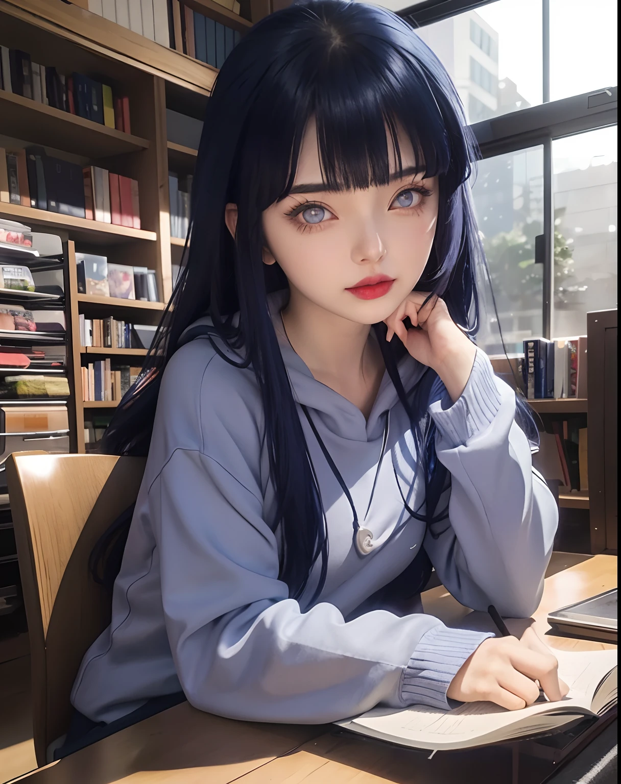 a close up of a person with long hair and a hoodie, hinata hyuga, hinata hyuga from naruto, from naruto, as an anime character, perfect anime face, she has dark blue hair with bangs, female anime character, anime character, anime best girl, hime cut hairstyle, dark blue hair, (red glossy lips:1.3), light purple eyes, big breasts, realistic, ultra detail, indoorbackground
