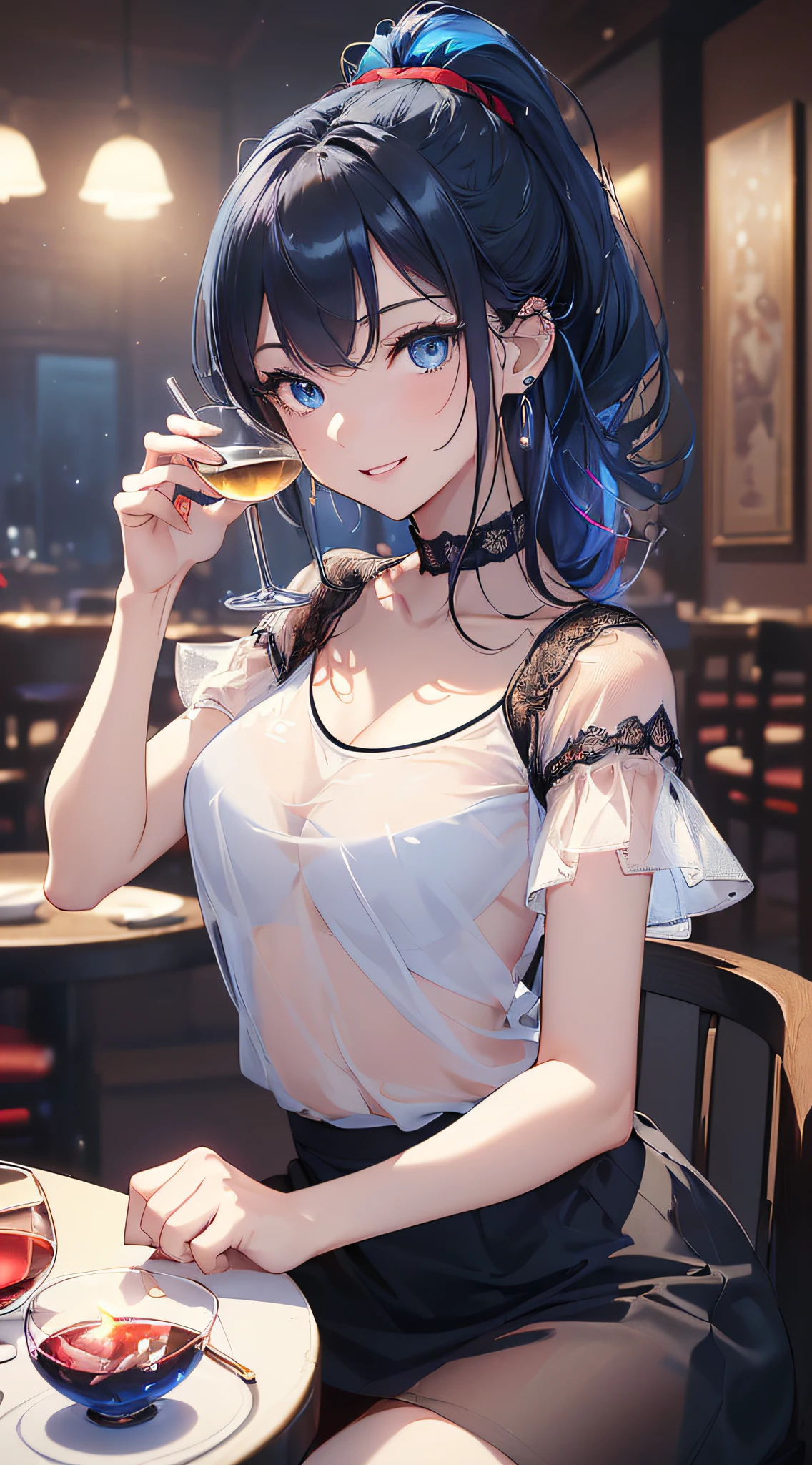 top-quality、Top image quality、​masterpiece、girl with((18year old、Best Bust、Medium bust、Bust 85,Beautiful blue eyes、Breasts wide open,Black Short Sleeve T-Shirt、White see-through、Black short skirt、Ponytail with black hair、Smile Face、Beautiful blue earrings、A slender、Blue hair mesh、sparking eyes,sit a chair、Face to face with your audience、leaning-forward、cheers)）hiquality、Beautiful Art、Background with((Red and blue lighting、Stylish restaurant at night、Stylish table、White Wine Bottle、White Wine Glasses)),masutepiece、Elaborate design、visualart、depth of fields、The best lighting、highestdetailed、8ｋ