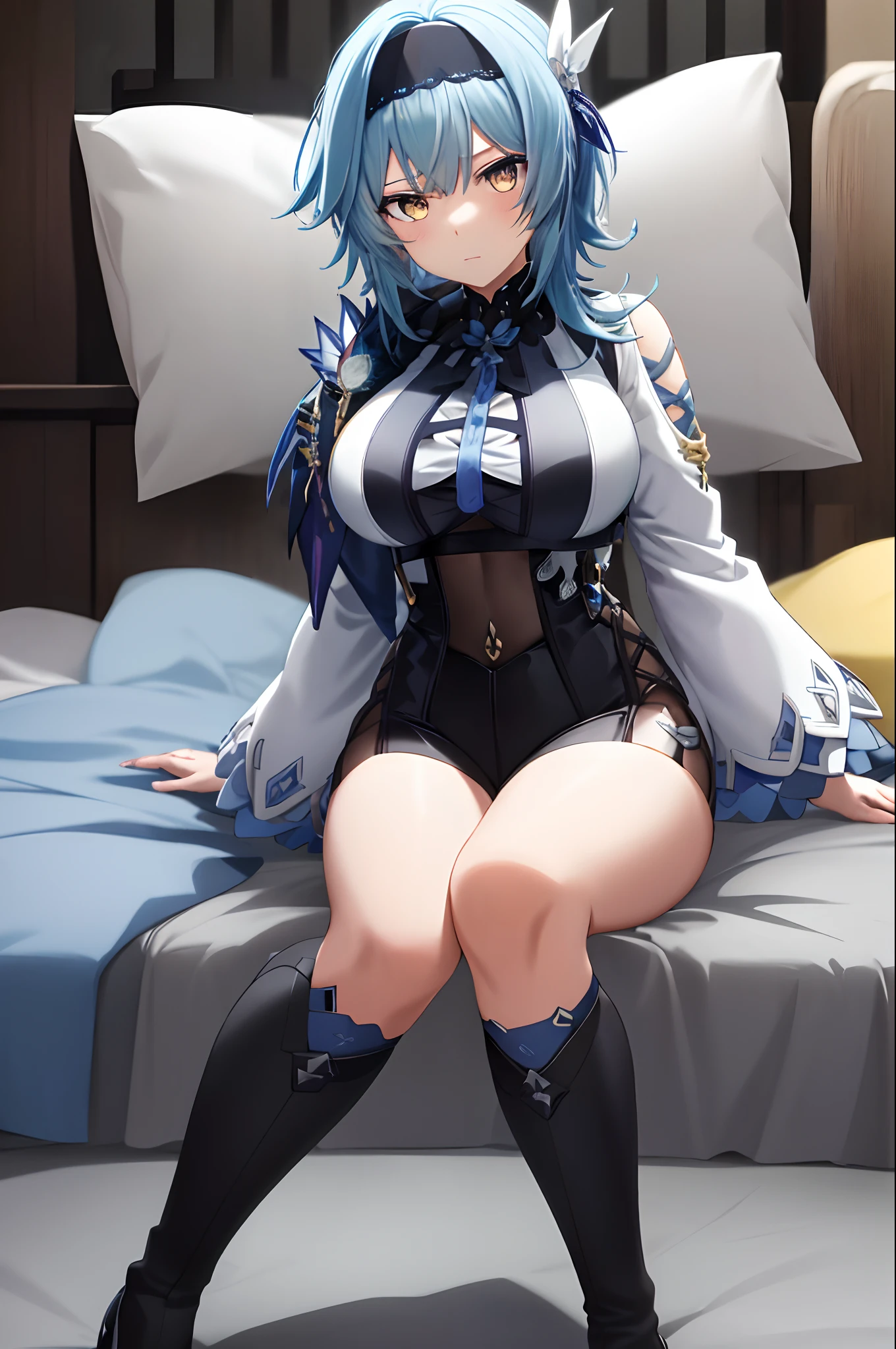 best quality, masterpiece, highres, solo, {bedroom}, (sitting:1.15}, {:1.40}, {bondage:1.30}, completely , mature, blue_hair, bangs, hairband, breasts, black_hairband, medium_hair, hair_ornament, blush, yellow_eyes, large_breasts, purple_eyes, looking at viewer, {embarrassed:1.10}, provoking, POV, from below. wide angle, sitting lady position, full body