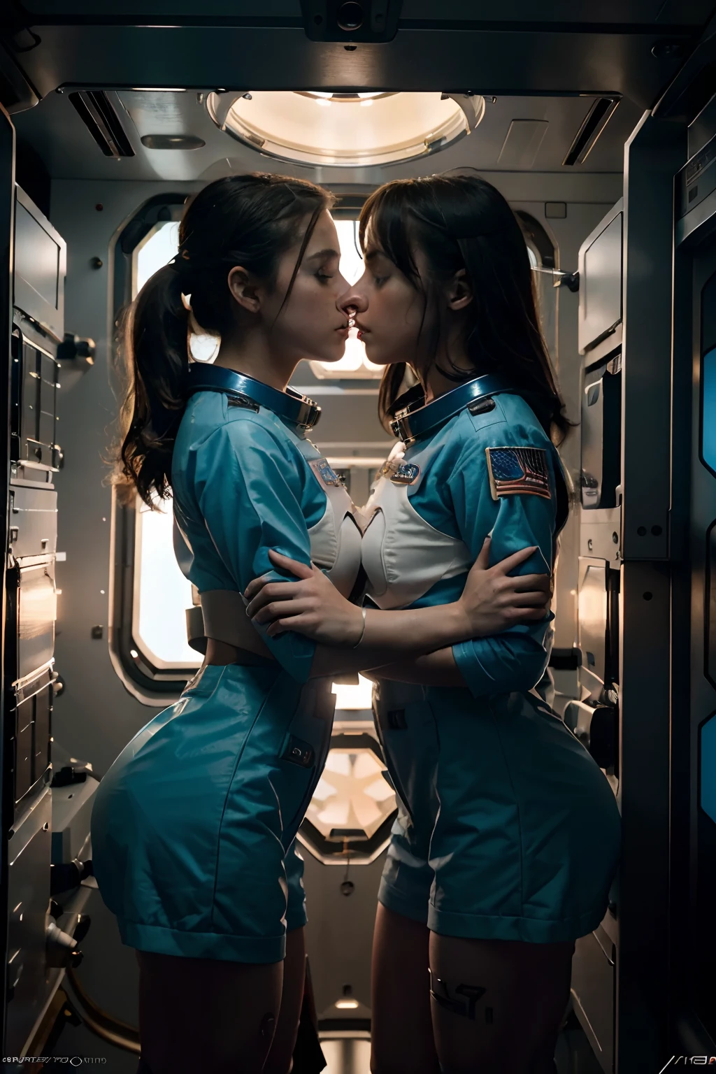 sci-fi, (8k), (best quality), (masterpiece:1.2), (realistic), (photorealistic:1.0),astronaut, space station, 2girls, teens, lesbian, kissing, astronaut suite, anatomically correct,full body, sexy, small tits , Best quality, high detailed, Masterpiece, offcial art, Cinematic Lighting, 4K