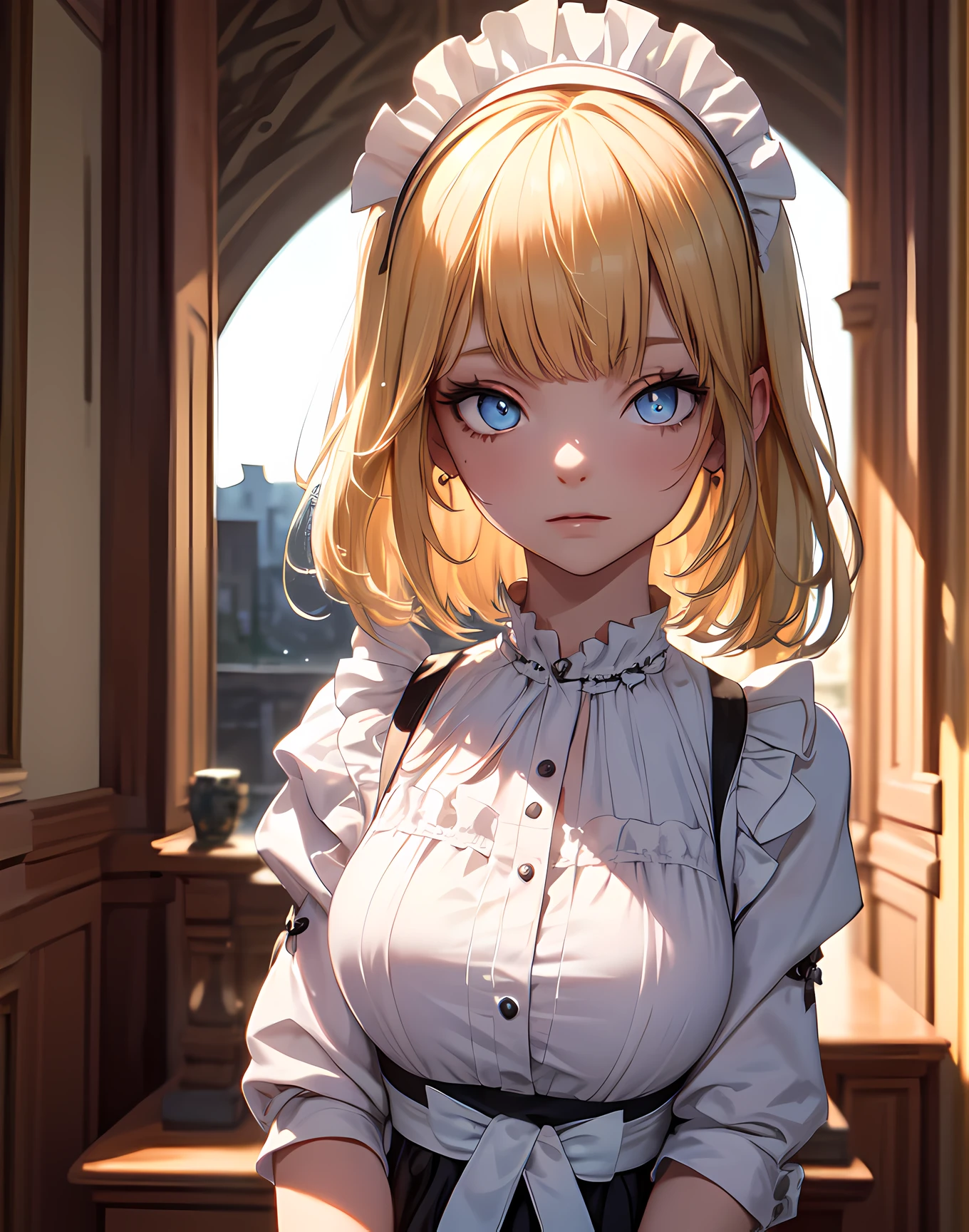 (best quality:1.1), (masterpiece:1.2), 1girl, high quality shadow, ((beautiful detailed)), (high detailed skin, skin details), (wide landscape, 8k), beautiful face, (detailed eyes), depth of field, dramatic light, best quality, highres, ((best shadow)), amelia watson, maid dress, maid , maid headdress, maid apron