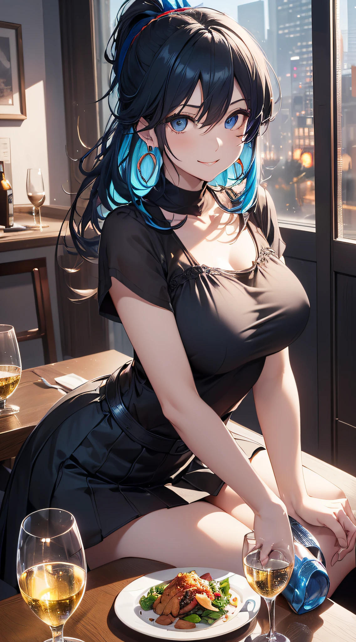 top-quality、Top image quality、​masterpiece、girl with((18year old、Best Bust、Medium bust、Bust 85,Beautiful blue eyes、Breasts wide open,Black Short Sleeve T-Shirt、White see-through、Black short skirt、Ponytail with black hair、Smile Face、Beautiful blue earrings、A slender、Blue hair mesh、sparking eyes,sit a chair、Rear view,Emphasis on the buttocks)）hiquality、Beautiful Art、Background with((Red and blue lighting、Stylish restaurant at night、Stylish table、White Wine Bottle、White Wine Glasses)),masutepiece、Elaborate design、visualart、depth of fields、The best lighting、highestdetailed、8ｋ