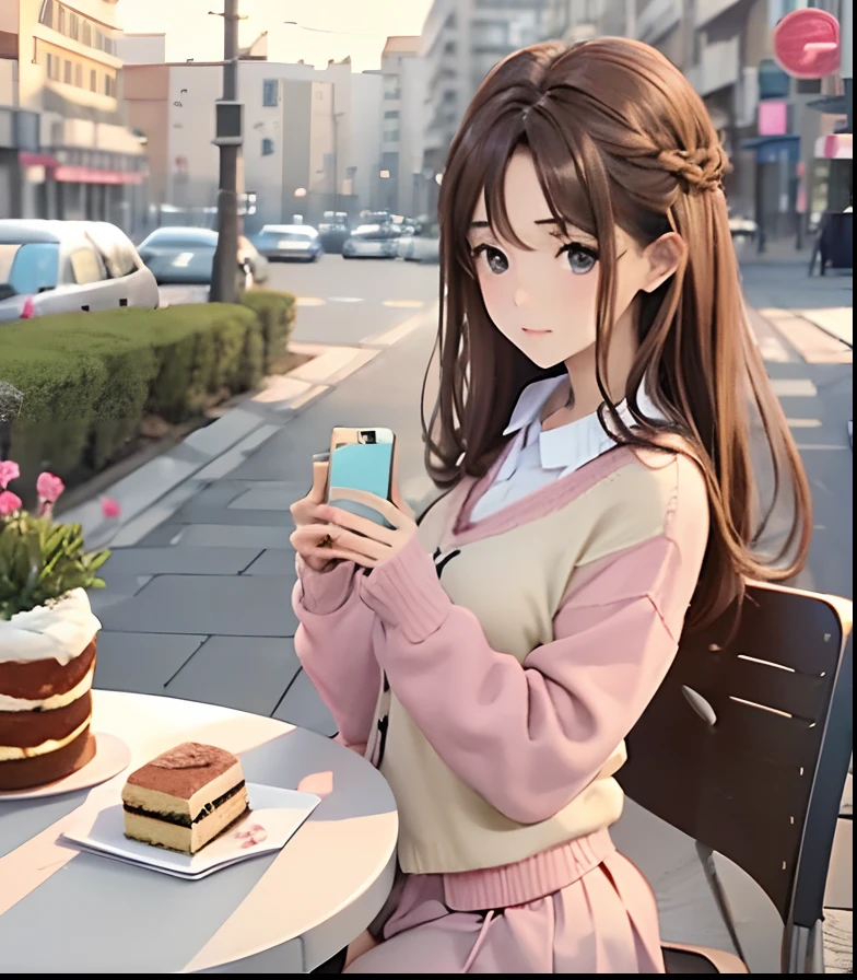 masuter piece, Best Quality, Realistic anime、8K Wallpapers, (beautidful eyes), ((Beautiful)), (lovely) ,(((1girl in))),23years old,((cafe terrace、Sit in front of the table、(Take photos on the table with your smartphone、Point your smartphone at the table))、A lot of cakes on the table、Fancy beautiful cake))、Soft light、（Brown hair long hair）、（distressed look）、White skirt、Pink cardigan