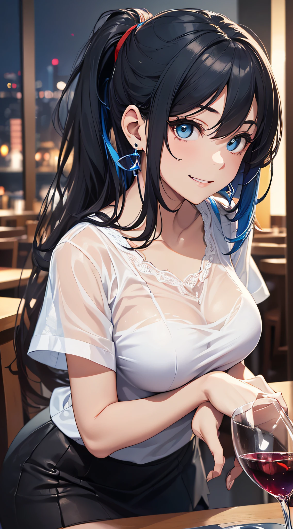 top-quality、Top image quality、masterpiece、girl with((cute little、18year old、Best Bust、Medium bust、Bust 85,Beautiful blue eyes、Breasts wide open,Black Short Sleeve T-Shirt、White see-through、Black short skirt、Ponytail with black hair、Smile Face、Beautiful blue earrings、A slender、Blue hair mesh、sparking eyes,sit a chair、Meet your audience face-to-face、Leaning forward、cheers、Poses that emphasize breasts))hiquality、Beautiful Art、Background with((Red and blue lighting、Stylish restaurant at night、Stylish table、White Wine Bottle、White Wine Glasses)),masutepiece、Elaborate design、visualart、depth of fields、The best lighting、highestdetailed、8k