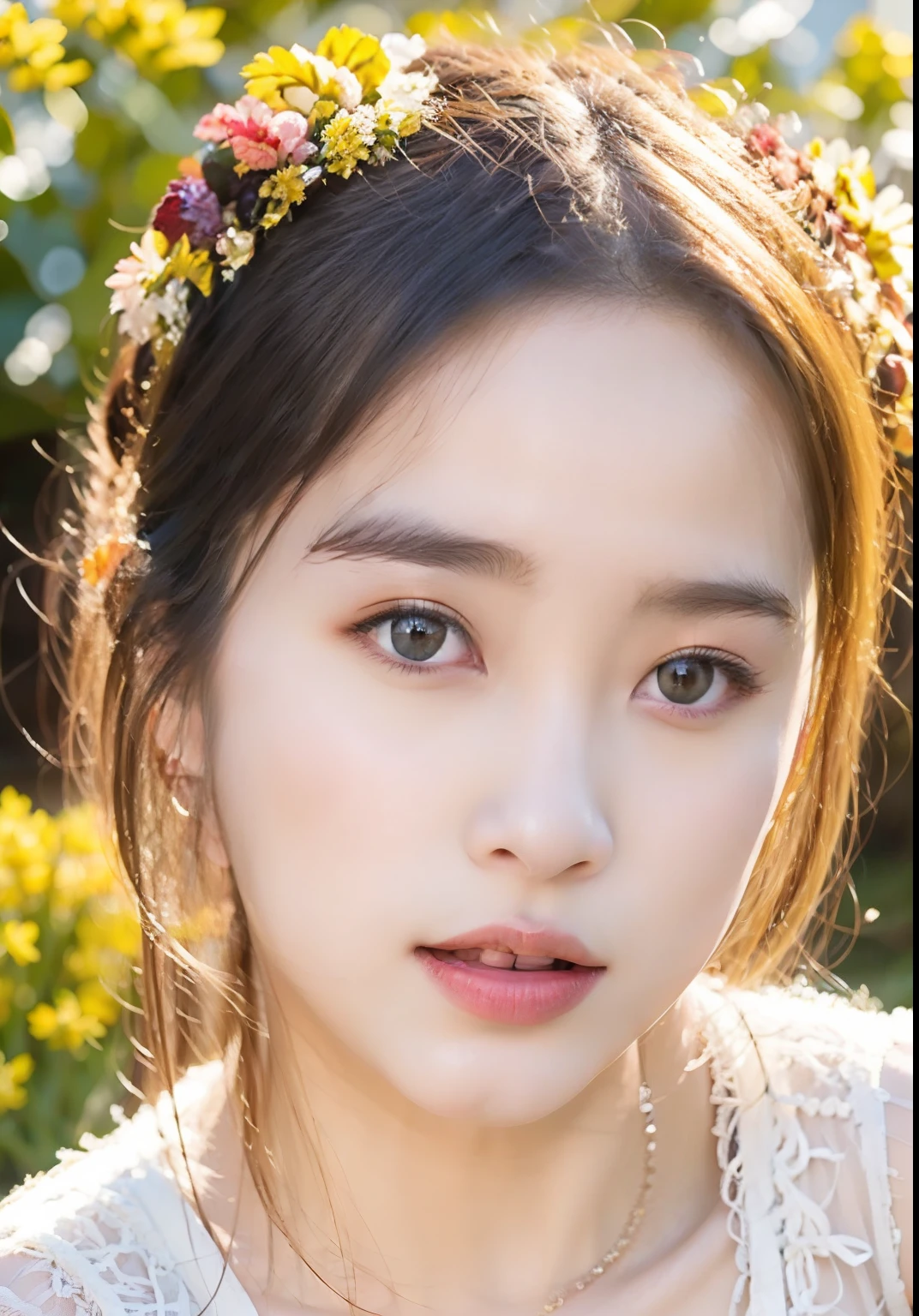1girl, beautiful detailed eyes, long white hair, light red eyes, school uniform, high black stocking, vivid, flower, daffodil, hyacinth, falling petals, , high contrast, ((masterpiece, best quality)), cinematic light, cinematic composition