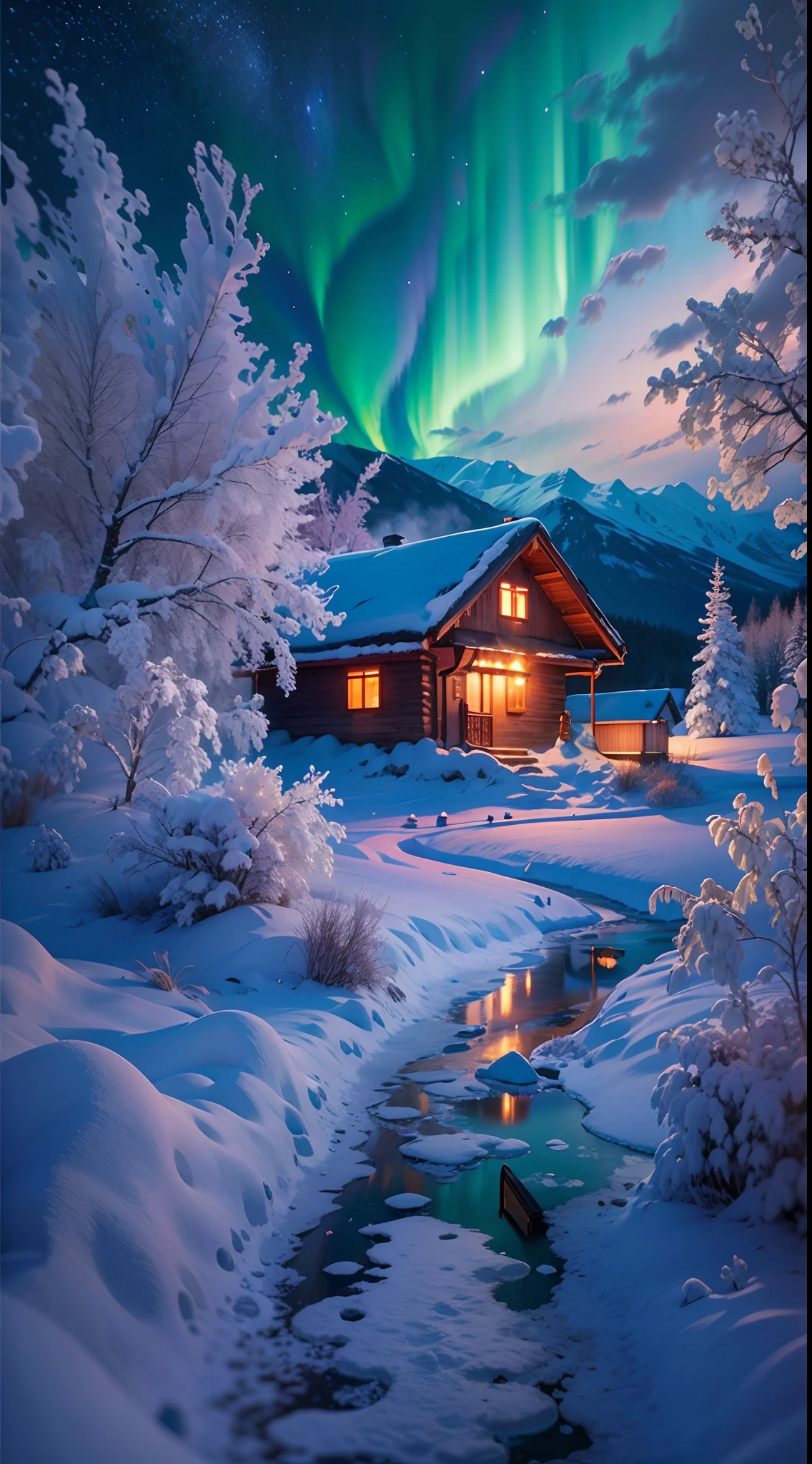 Best quality,A high resolution,(Masterpiece:1.2),Ultra-detailed,Northern Lights, Towering snow-capped mountains, cottage house covered in snow,A snowy hideaway, reindeer,yukito,sled,Winter wonderland,Vibrant colors, ​​clouds,Mist,themoon,galaxias, Breathtaking landscapes, Icy cliffs, Frozen lake, peacful, Majestic beauty, Starry night, ethereal glowing, A miracle of nature, Peaceful solitude, Celestial wonders, vast, Natural phenomena, Silent night, Serene reflection, glittering stars, Mysterious charm