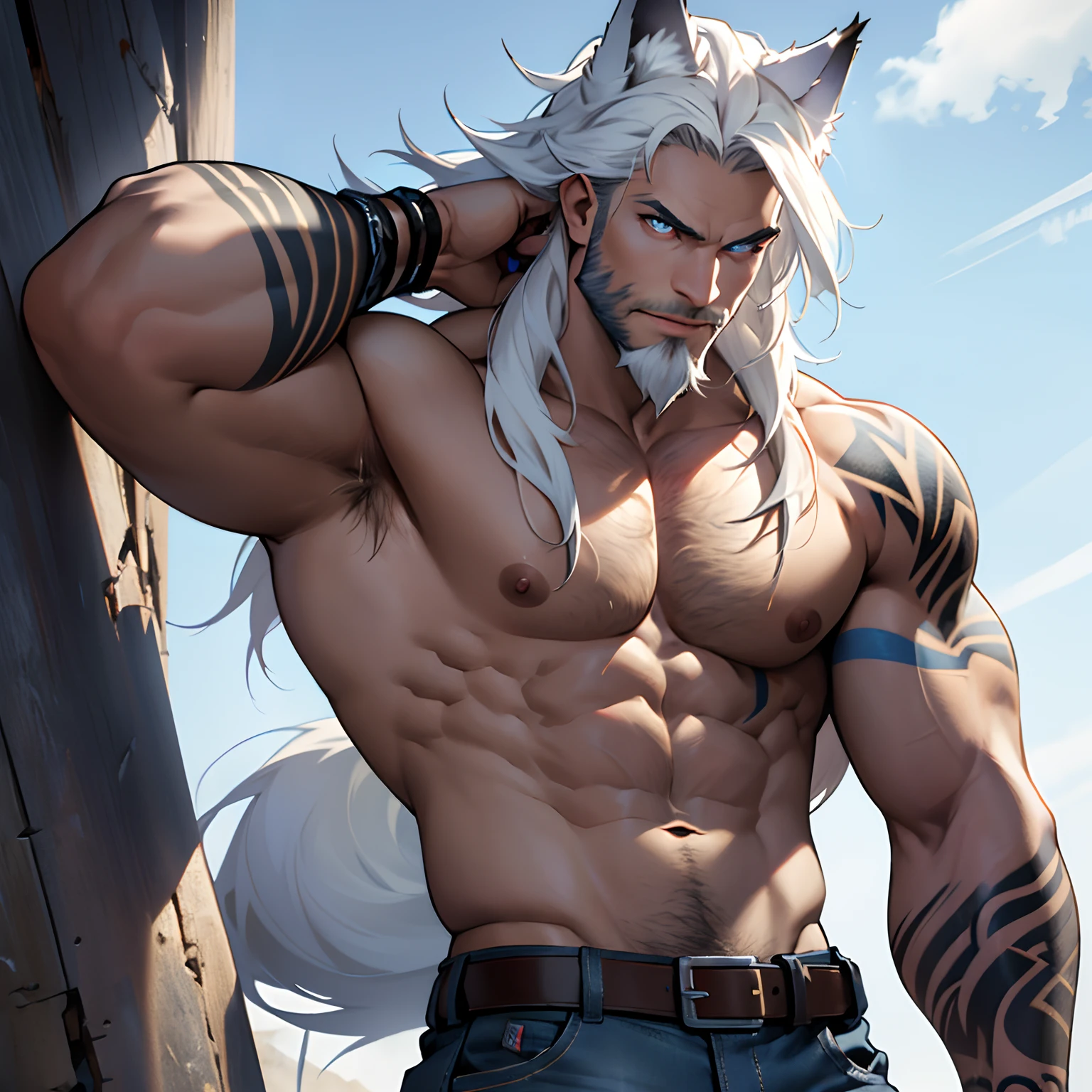 Muscular shirtless male wearing just a pair of torn jeans, has long white hair, has wolf ears, has light beard stubble, has wolf tail, solo, alone, (SOLO)(ALONE) shirtless, no shirt, (SHIRTLESS)(NO SHIRT), flexing, mystic backround, covered in tribal tattoos, wearing leather belt, glowing blue eyes