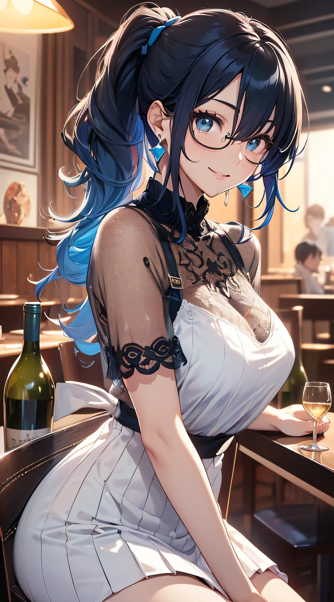 top-quality、Top image quality、​masterpiece、girl with((cute little、18year old、Best Bust、Medium bust、Bust 85,Beautiful blue eyes、Breasts wide open,Black Short Sleeve T-Shirt、White see-through、Black short skirt、Ponytail with black hair、Smile Face、Beautiful blue earrings、A slender、Blue hair mesh、sparking eyes,sit a chair、Meet your audience face-to-face、Leaning forward、Cheers、Poses that emphasize breasts)）hiquality、Beautiful Art、Background with((Red and blue lighting、Stylish restaurant at night、Stylish table、White Wine Bottle、White Wine Glasses)),masutepiece、Elaborate design、visualart、depth of fields、The best lighting、highestdetailed、8ｋ