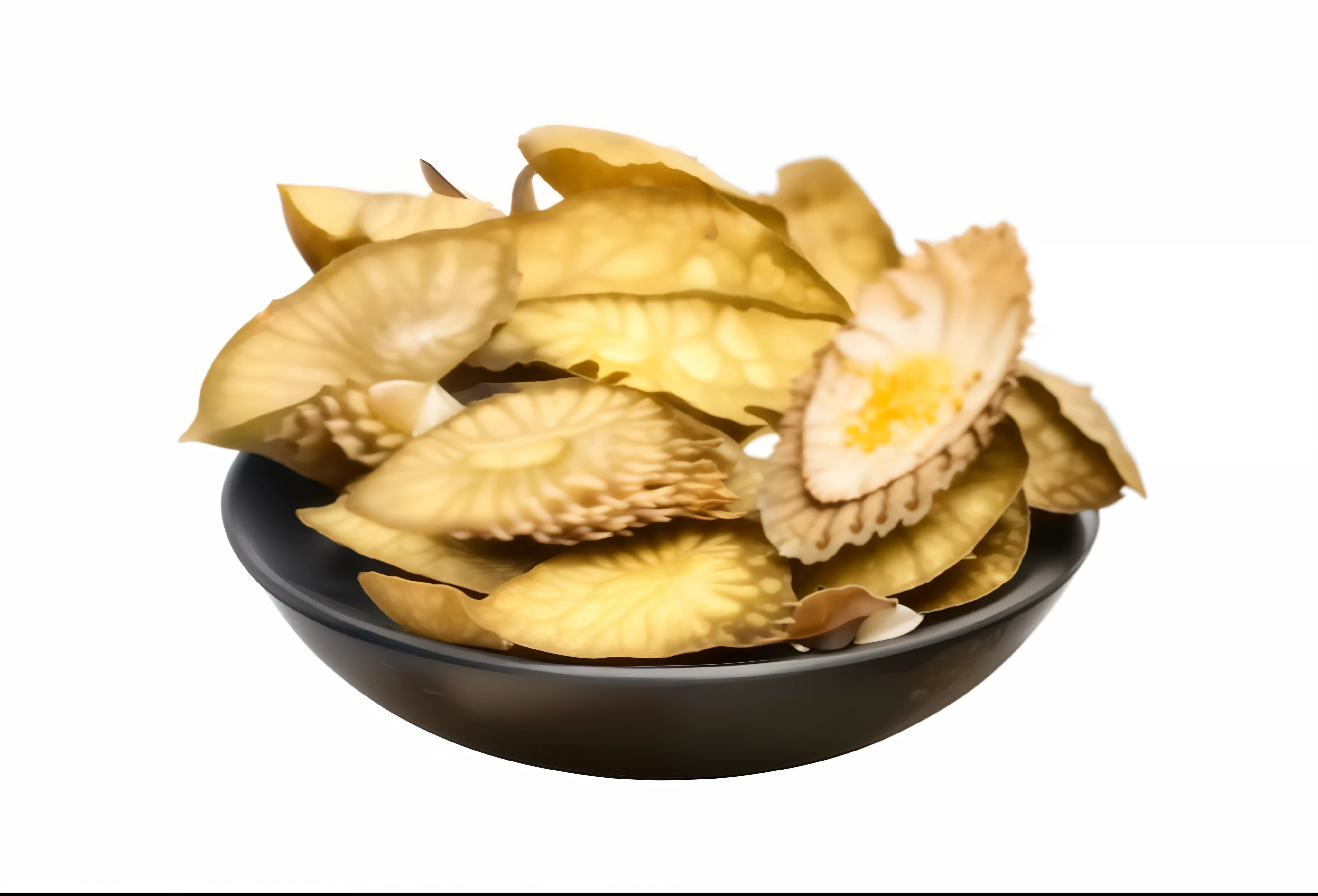 there is a bowl of Calumba Wood and chips on a white background, herb, crisp image, crisps, listing image, dried plants, gold, abalone, chips, product photo, lotus petals, snacks, potato, rose of jericho, slim, herbs, peredvishniki, hen of the woods mushrooms, asuras, gills, 8 khd, adult, seeds