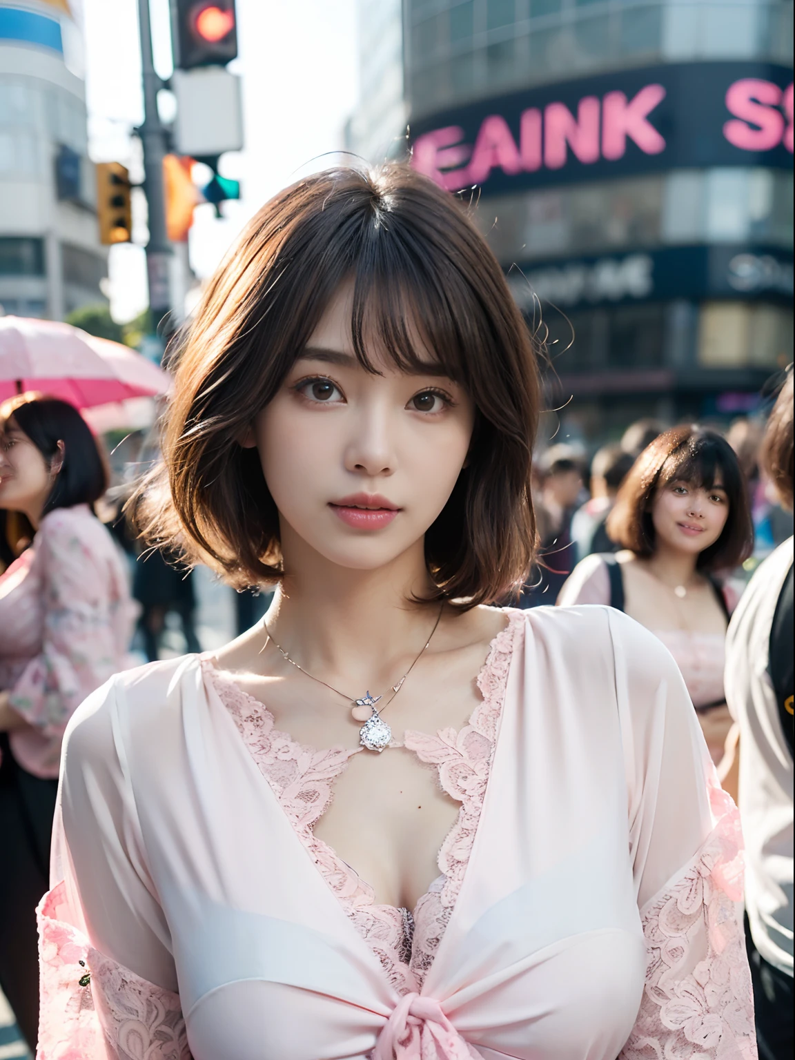 ((((top-quality))))、(((Ultra Precision CG16K Wallpapers)))、(((masterpiece)))、(((ultra-detailliert)))、(((Ultra-extreme details)))、One woman、a matural female、24-year-old woman、((Japanese face))、((extremely beautiful face))、((bob cuts:1.2))、(curly hair)、Bangs up to the eyebrows、Beautiful brown hair、Beautiful delicate eyes、Brown eyes、lofty nose、small nostrils、seductive lips、Beautiful breasts、C-cup size breasts、cleavage of the breast、Beautifully proportioned proportions、perfect anatomia、Beautiful and detailed shading、Beautiful natural lighting、Beautiful detail glow、depth of fields、(((a high chroma)))、((realisitic:1.9))、((Vivid:1.4))、((Beautiful skin))、((Skin texture))、dynamic ungle、((portrait))、((Angle from the front))、((ssmile))、(Staring eyes)、Bright sunshine、((Standing at the Shibuya Scramble Crossing))、(Background blur)、((Pink lace blouse:1.5))、(Diamond Necklace)、