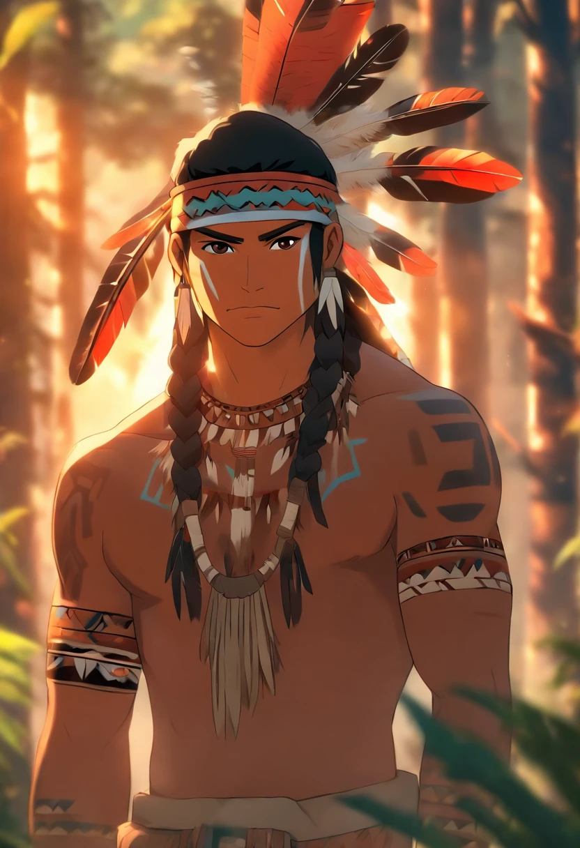 (((Indigenous man))) best quality, very high resolution, detailed CG in 4K, masterpiece, amazon brazil, indigenous, indigenous tribes, indigenous city, forest, aesthetics, beautiful image, centered on screen, full body