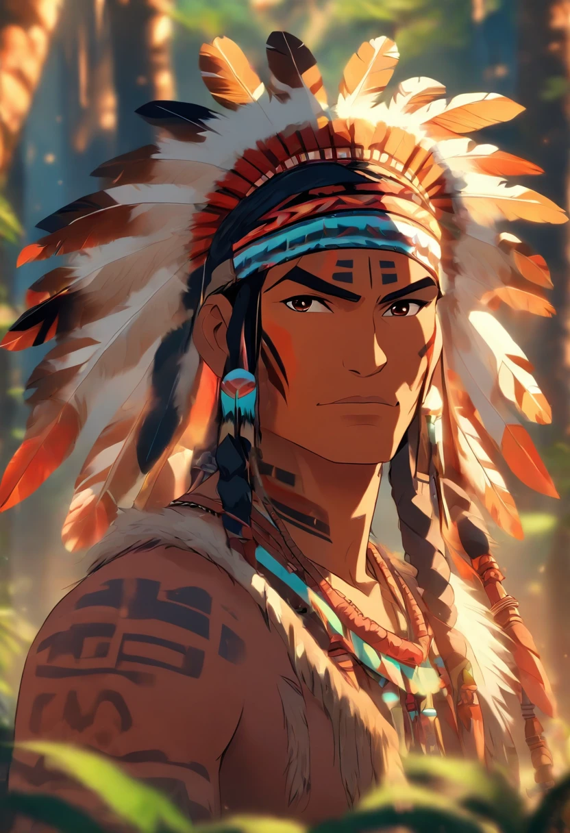 (((Indigenous man))) best quality, very high resolution, detailed CG in 4K, masterpiece, amazon brazil, indigenous, indigenous tribes, indigenous city, forest, aesthetics, beautiful image, centered on screen, full body