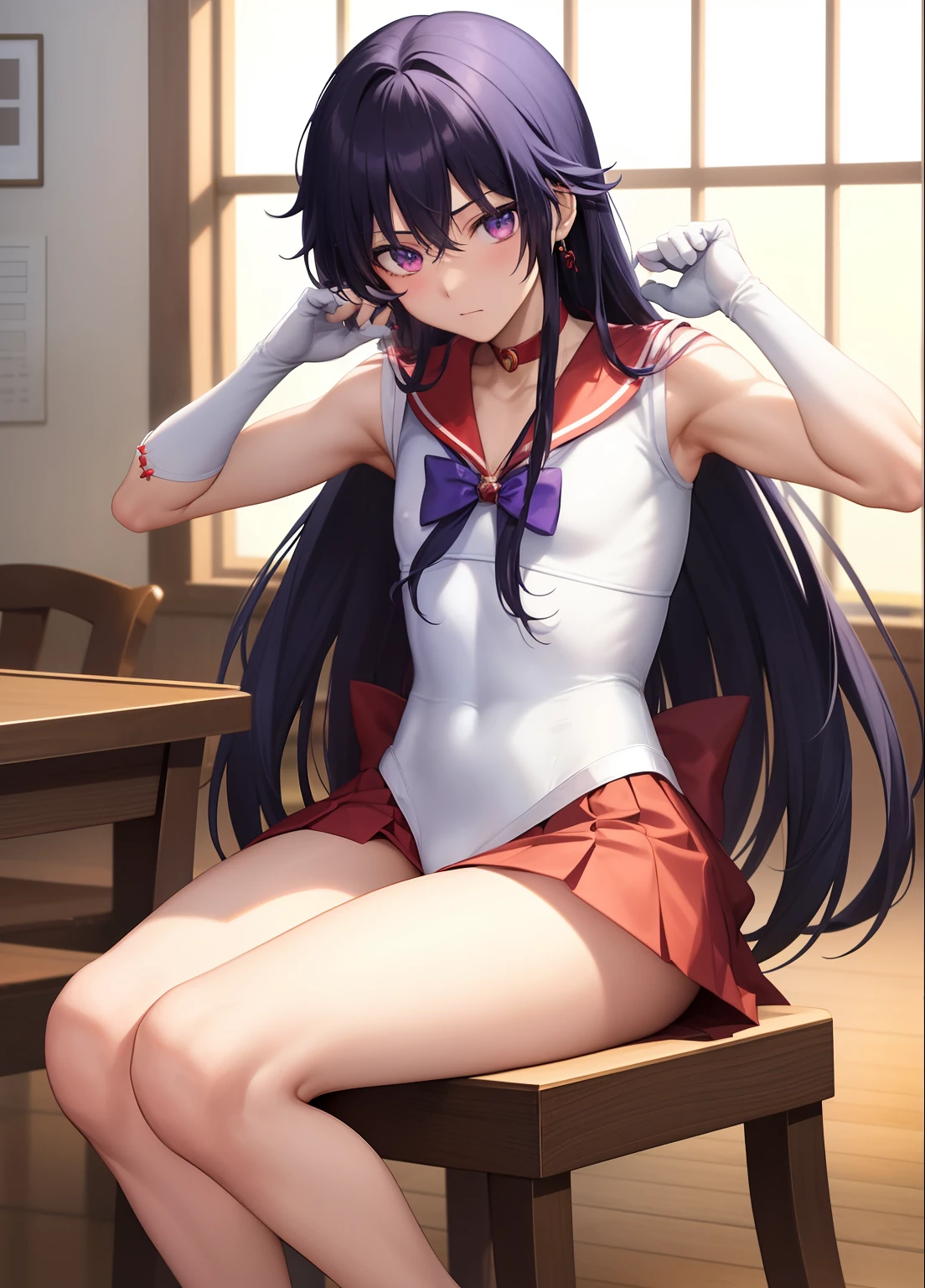 Anime Boy、Cool Junior High School Boy、Have a subtle facial expression、Sailor Senshi Uniform、Sailor Mars、gender change、gender change(Girls to boys)、Red sailor collar、Rei Hino、solo、耳Nipple Ring、jewelry、Boy with very long black hair、White leotard、highleg leotard、robe blanche、white glove、elbowgloves、Boy sitting on chair、indoors、castle、a red choker、Blue ribbon on chest、Magical Boy、blush、a red skirt、skirt、Boy with Purple Eyes、Bare shoulders、bare legs、circlet、bow、back_bow、pleatedskirt、a miniskirt、rating:questionable、