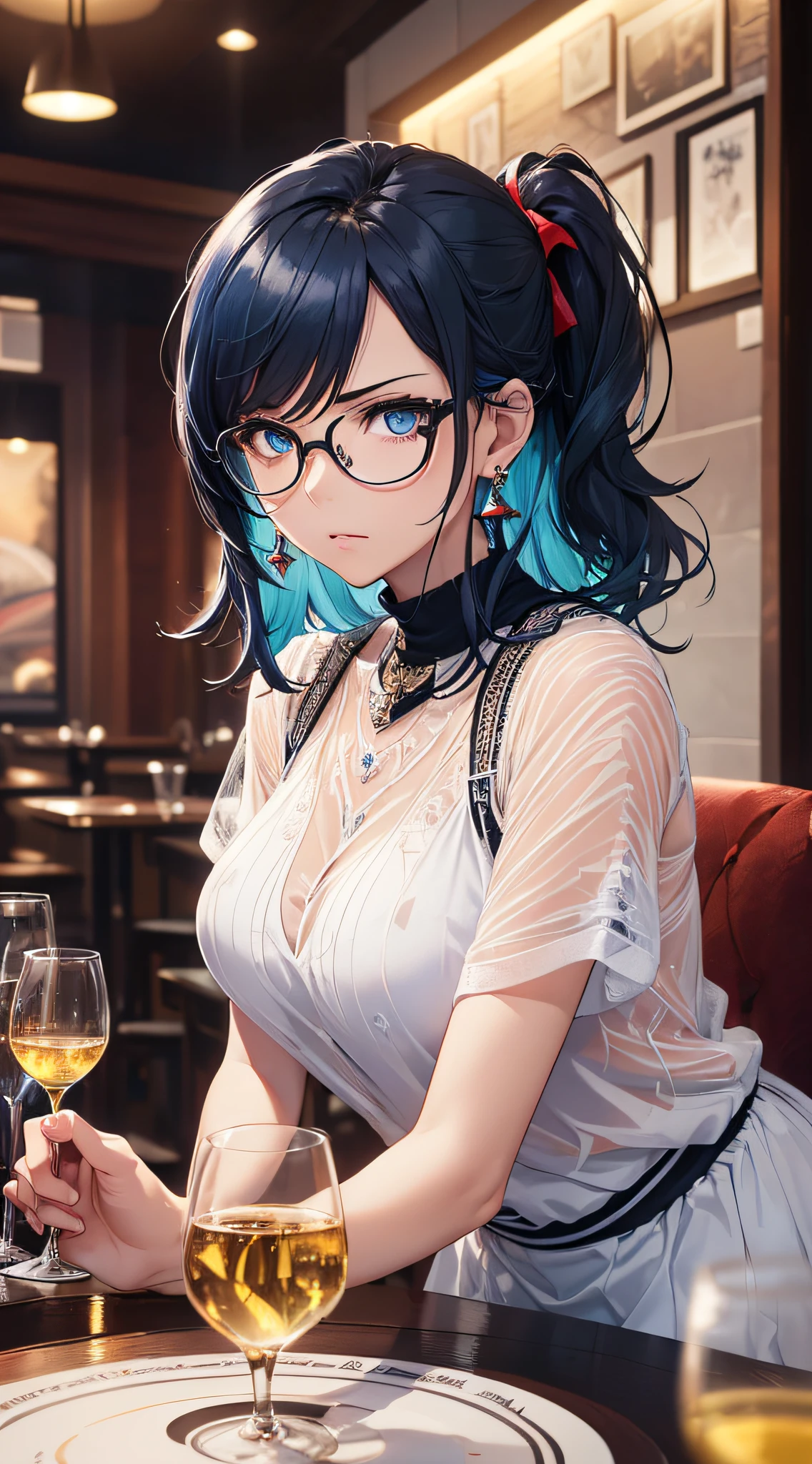 top-quality、Top image quality、​masterpiece、girl with((cute little、18year old、Best Bust、Medium bust、Bust 85,Beautiful blue eyes、Breasts wide open,Black Short Sleeve T-Shirt、White see-through、Black short skirt、Ponytail with black hair、Beautiful blue earrings、A slender、Blue hair mesh、sit a chair、Meet your audience face-to-face、Leaning forward、Poses that emphasize breasts、Fiddling with glasses、Drunken face、Look away a little)）hiquality、Beautiful Art、Background with((Red and blue lighting、Stylish restaurant at night、Stylish table、White Wine Bottle、White Wine Glasses)),masutepiece、Elaborate design、visualart、depth of fields、The best lighting、highestdetailed、8ｋ