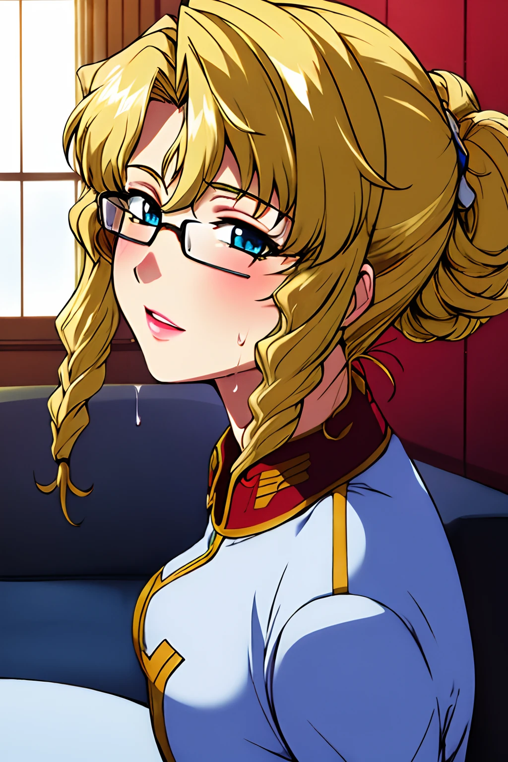 Blue_Wearing a white uniform，Long black stockings，Yellow hair,Blue eyes,lipstick, bangs,Hair_Bun, 1 girl, 20yr old,younger female,Beautiful Finger,Beautiful long legs,Beautiful body,Beautiful nose,Beautiful character design, Perfect eyes, Perfect face,Expressive eyes, view the viewer, In the center of the image,(Light_Smile:0.5), offcial art,Extremely detailed CG unified 8K wallpapers, Perfect lighting,Colorful, Bright_Front_face_lighting,Shiny skin, (Masterpiece:1.0),(Best_quality:1.0), 超A high resolution,4K,Ultra-detailed, Photography, 8K, hdr, （Bend over，Bend down，Be red in the face，Blushlush，full of sweat，perspire，Get wet all over your body，），A high resolution, absurderes:1.2, Kodak Portra 400, filmgrain, The background is blurred out, Bokeh:1.2, Lens flare, (vibrant_Color:1.2) (Beautiful,Large_Breasts:1.0), (Beautiful_face:1.5),(Narrow_waistup)，（（（Being in a hotel，sitting in the couch，Wears black glasses））） ，