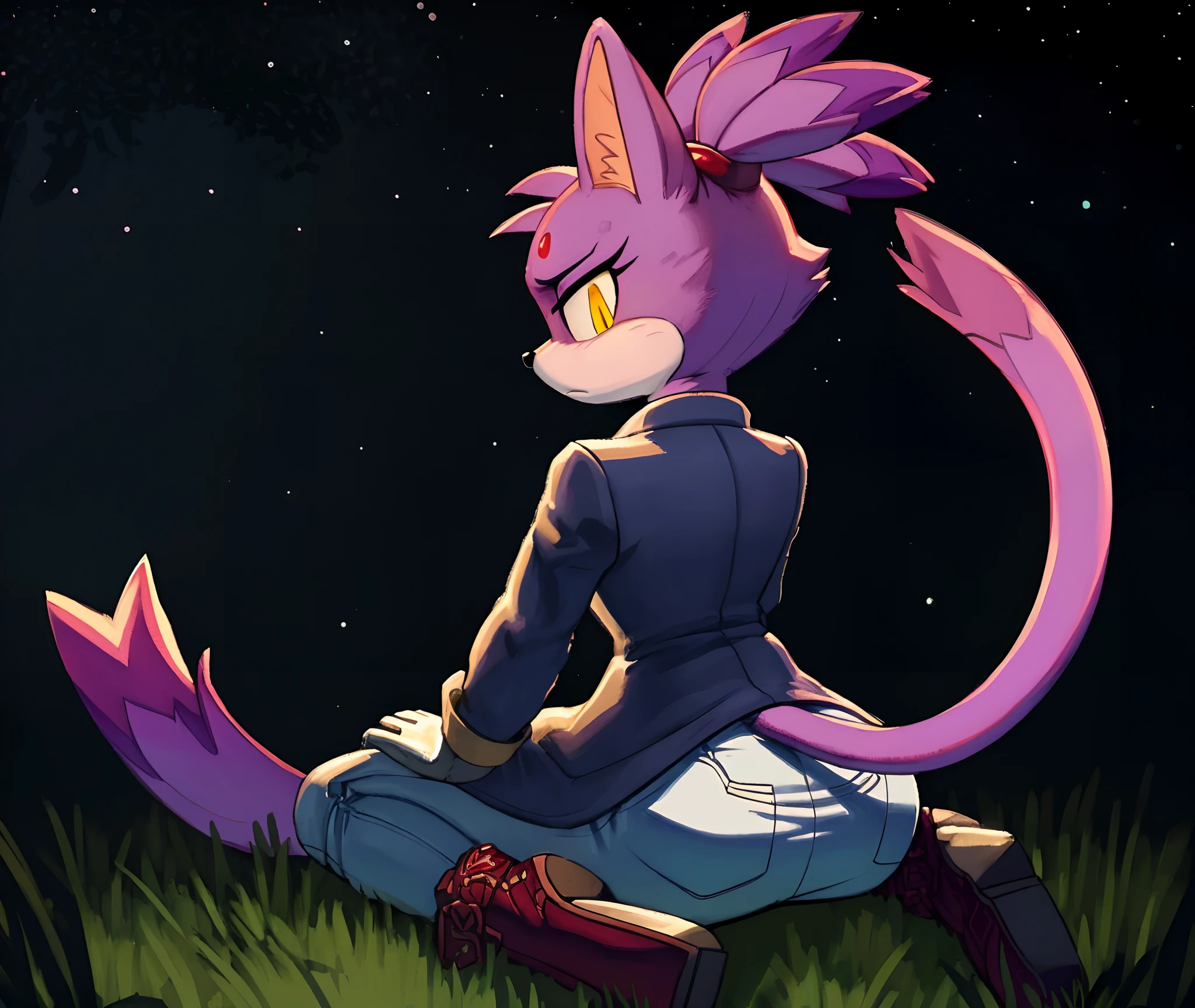 [Blaze the cat], [Uploaded to e621.net; (Pixelsketcher), (wamudraws), (napalm_express)], ((masterpiece)), ((HD)), ((High Quality)), ((furry)), ((solo portrait)), ((back view)), ((full body)), ((detailed fur)), ((detailed shading)), ((cel shading)), ((beautiful render art)), ((intricate details)), {anthro, purple fur, black nose, cat ears, (cute yellow eyes), (glowing eyes), (red gem on forehead), long tail, (tied-up hair), (gorgeous hips), (beautiful legs), (expressionless), (frown)}, {(purple trench coat), (tight white spandex leggings), (white fluff-lined gloves), (red-pink fluff-lined heel boots)}, {(on grass), (on knees), (sitting), (looking ahead)}, [background; (forest), (spruce trees), (nighttime), (starry sky), (ambient lighting)]