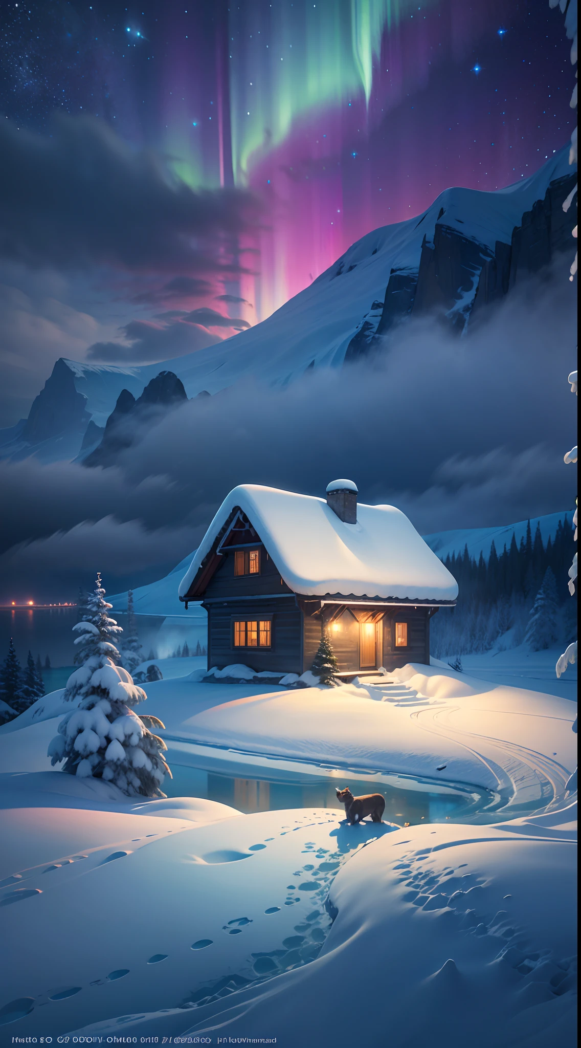 Best quality,A high resolution,(Masterpiece:1.2),Ultra-detailed,Northern Lights, Towering snow-capped mountains, cottage house covered in snow,A snowy hideaway, reindeer,yukito,sled,Winter wonderland,Vibrant colors, ​​clouds,Mist,themoon,galaxias, Breathtaking landscapes, Icy cliffs, Frozen lake, peacful, Majestic beauty, Starry night, ethereal glowing, A miracle of nature, Peaceful solitude, Celestial wonders, vast, Natural phenomena, Silent night, Serene reflection, glittering stars, Mysterious charm