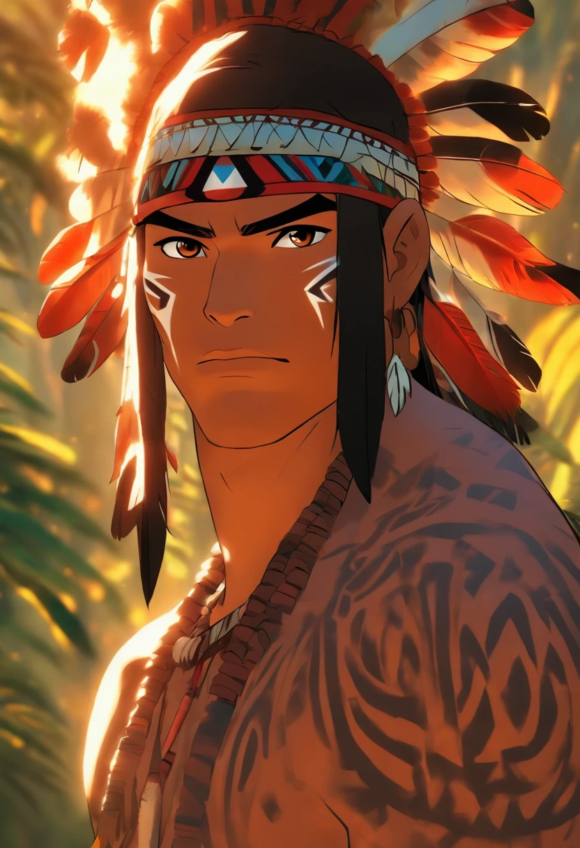(((Indigenous man))) best quality, very high resolution, detailed CG in 4K, masterpiece, amazon brazil, indigenous, indigenous tribes, indigenous city, forest, aesthetics, beautiful image, centered on screen, full body