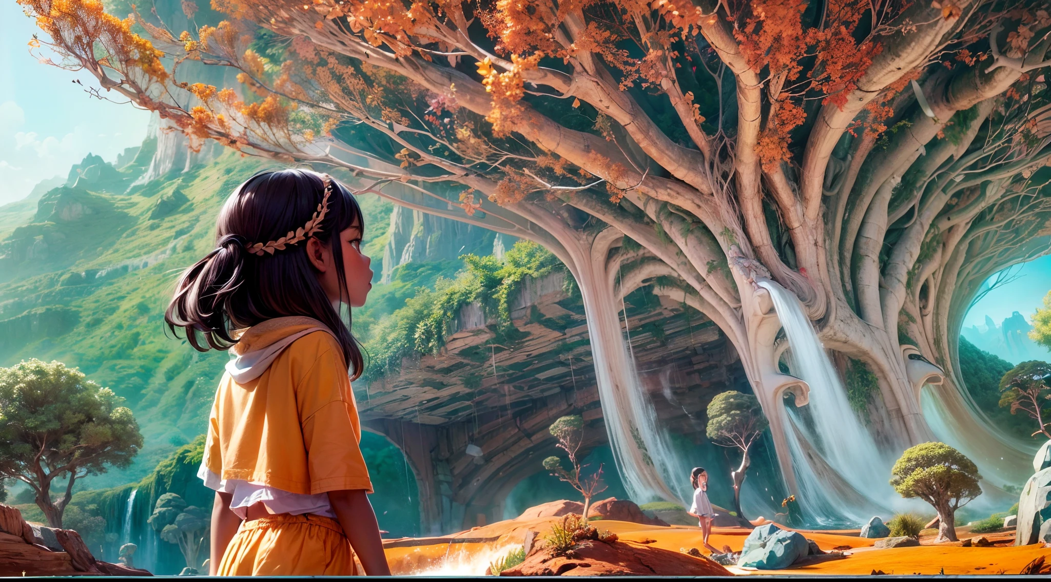 "A young girl with a sense of wonder explores an alien planet with vibrant chrome vegetation. The surreal landscape and flora create a stunning juxtaposition in a space-age paradise.