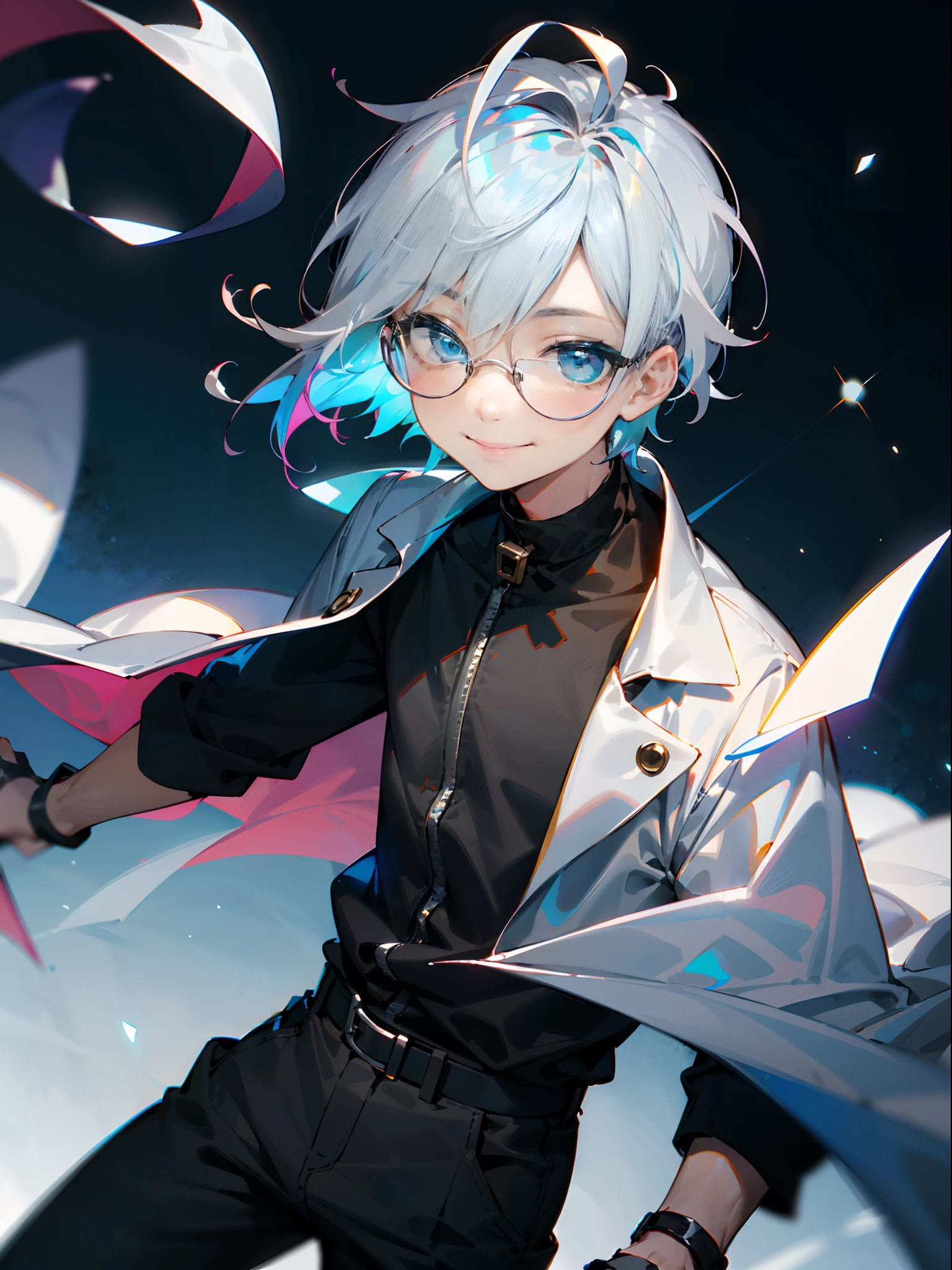 (Male child, eye glasses,blue eyess,A smile, silber hair),独奏、Iridescent background、Leader Model Pose
