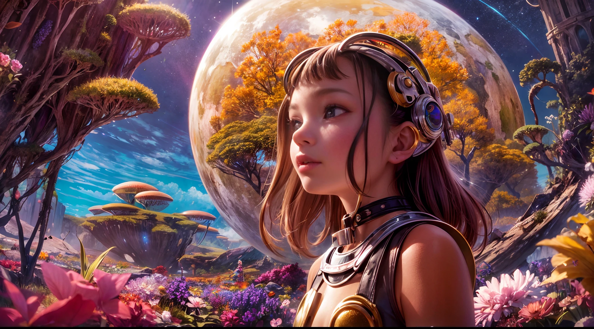 "A young girl with a sense of wonder explores an alien planet with vibrant chrome vegetation. The surreal landscape and flora create a stunning juxtaposition in a space-age paradise.