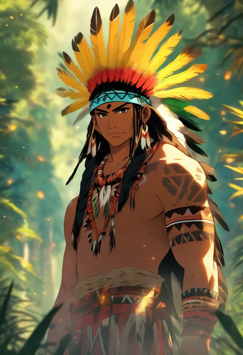 (((Indigenous man))) best quality, very high resolution, detailed CG in 4K, masterpiece, yellow and green feathers, amazon brazil, indigenous people, indigenous tribes, indigenous city, forest, aesthetics, beautiful image, centered on the screen, full body
