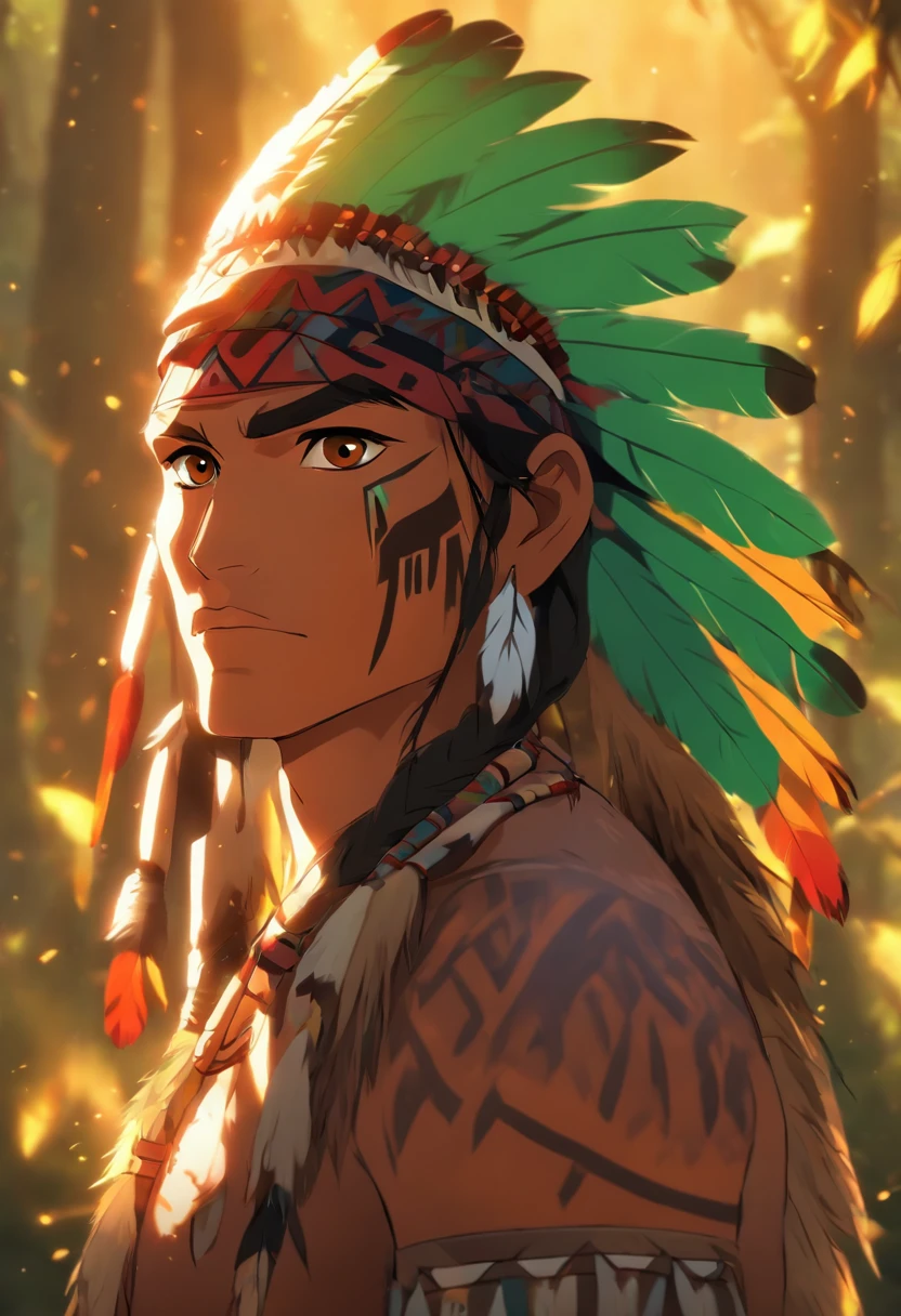 (((Indigenous man))) best quality, very high resolution, detailed CG in 4K, masterpiece, yellow and green feathers, amazon brazil, indigenous people, indigenous tribes, indigenous city, forest, aesthetics, beautiful image, centered on the screen, full body
