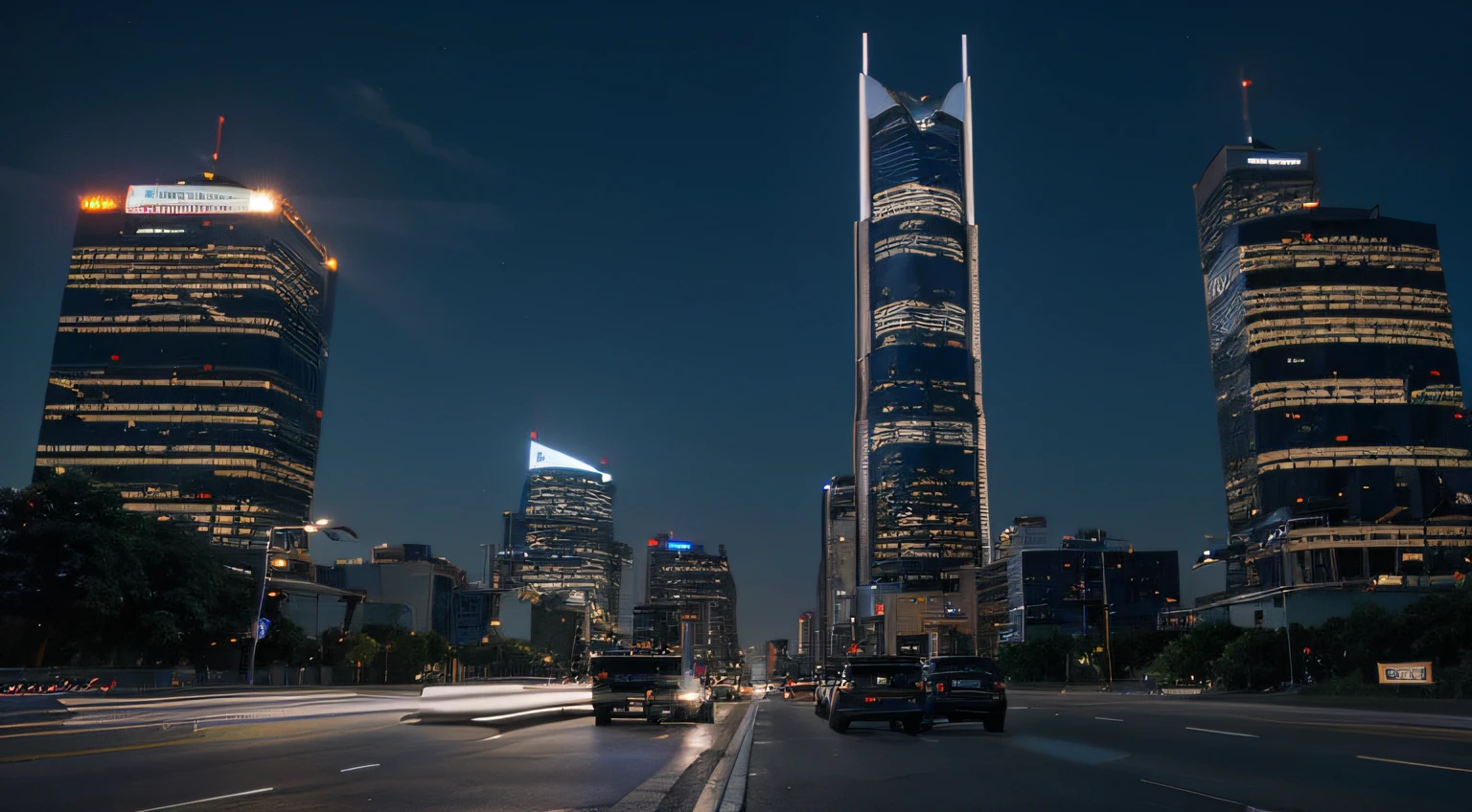 Night skyscrapers, Stand on the sides of the highway