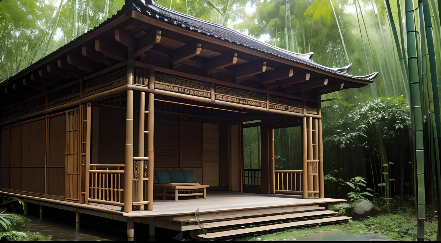 An oriental construction of a (Bain public) In the middle of a bamboo forest, maison de bains en pierre, Magic Forest, vapeur, Sombre, Bel art, (no humans)