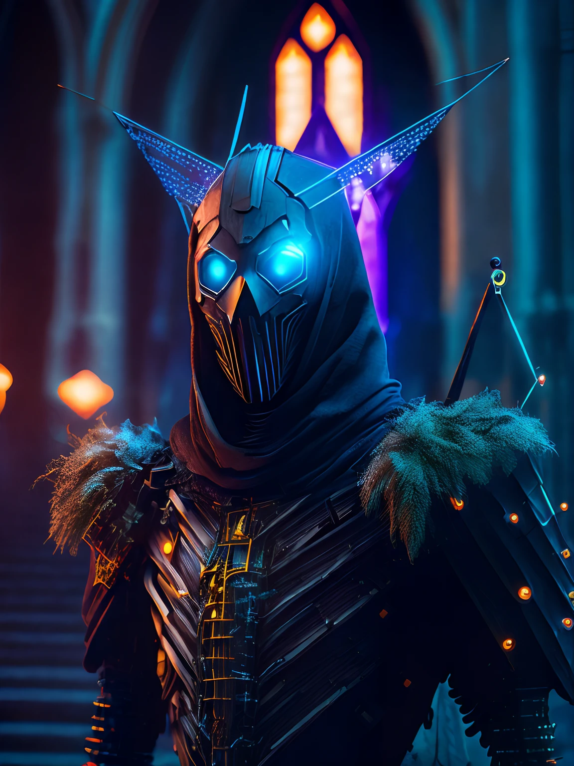 Grim portrait of the DC Scarecrow with intricate angular cybernetic implants inside a brutalist building, gothic brutalist cathedral, cyberpunk, Foto premiada, Bokeh, Neon lights, cybernetic limb