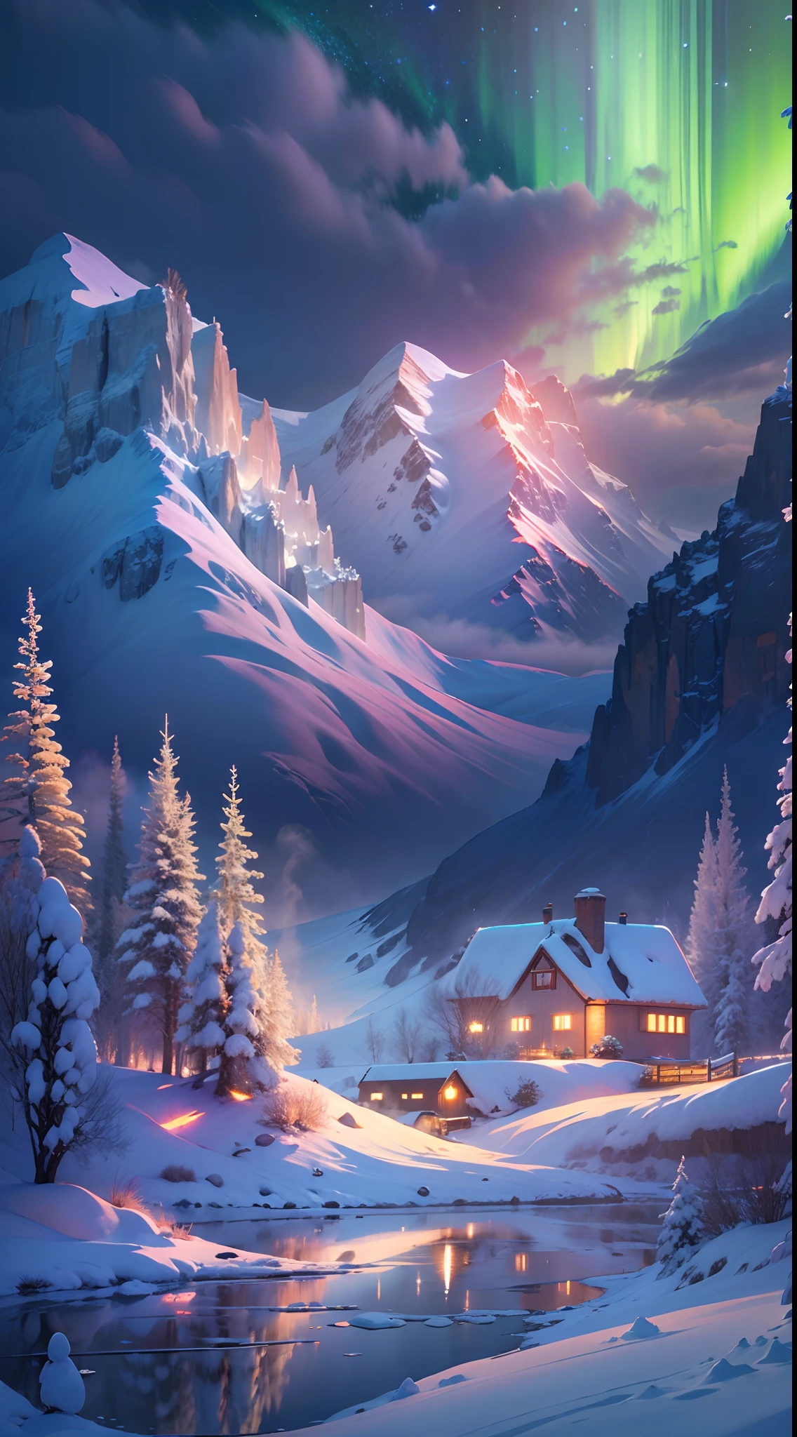 Best quality,A high resolution,(Masterpiece:1.2),Ultra-detailed,Northern Lights, Towering snow-capped mountains, cottage house covered in snow,A snowy hideaway, reindeer,yukito,sled,Winter wonderland,Vibrant colors, ​​clouds,Mist,themoon,galaxias, Breathtaking landscapes, Icy cliffs, Frozen lake, peacful, Majestic beauty, Starry night, ethereal glowing, A miracle of nature, Peaceful solitude, Celestial wonders, vast, Natural phenomena, Silent night, Serene reflection, glittering stars, Mysterious charm