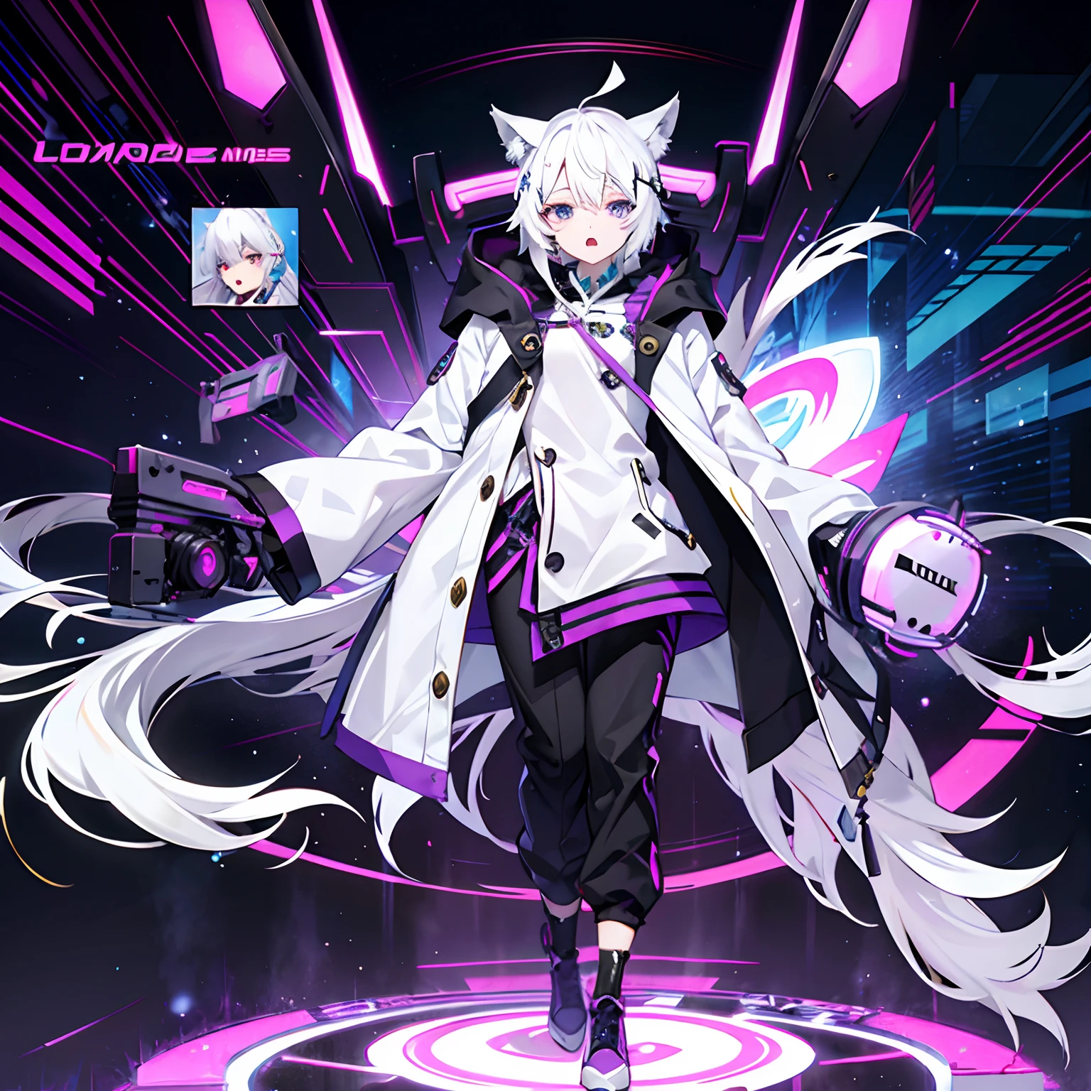Wolf ears、head phone、Opening Mouth、white hair、Gold Eye、Aimei、odd eye