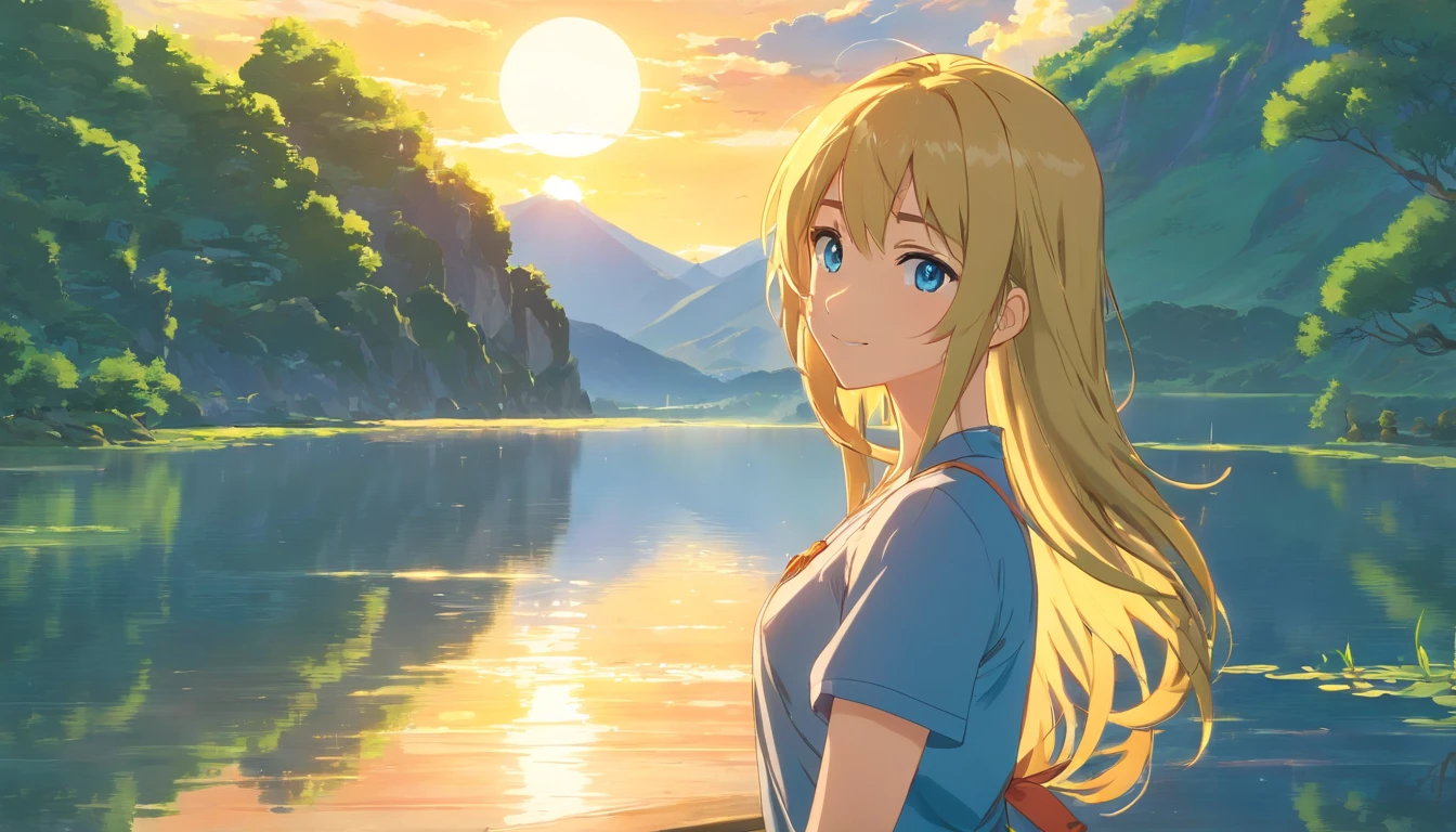 1 girl, naughty smile expression, mesmerizing blue eyes, straight long blonde hair, poised posture, big breast and small waist, porcelain skin, subtle blush, crystal pendant BREAK golden hour, (rim lighting):1.2, warm tones, sun flare, soft shadows, vibrant colors, painterly effect, dreamy atmosphere BREAK scenic lake, distant mountains, willow tree, calm water, reflection, sunlit clouds, peaceful ambiance, idyllic sunset, ultra-detailed, official art, unity 8k wallpaper, zentangle, mandala, (medium shot), whole body is in frame.