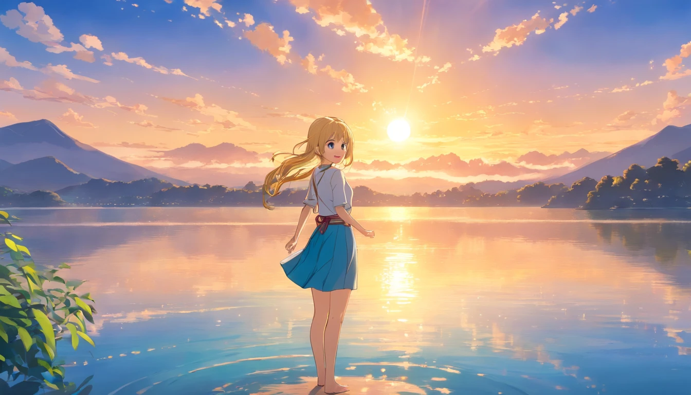 1 girl, naughty smile expression, mesmerizing blue eyes, straight long blonde hair, poised posture, big breast and small waist, porcelain skin, subtle blush, crystal pendant BREAK golden hour, (rim lighting):1.2, warm tones, sun flare, soft shadows, vibrant colors, painterly effect, dreamy atmosphere BREAK scenic lake, distant mountains, willow tree, calm water, reflection, sunlit clouds, peaceful ambiance, idyllic sunset, ultra-detailed, official art, unity 8k wallpaper, zentangle, mandala, (medium shot), whole body is in frame.