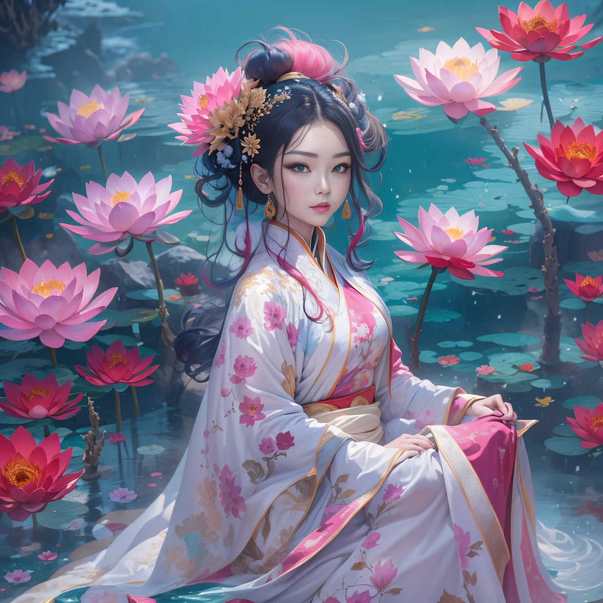 (1girll:1.4), Solo,((:0.75)),(((Small breasts:1))), ((water lilies:1,3)), (glowing ambiance, enchanting glow, luminouslighting, Ethereal atmosphere, A mesmerizing glow, evocative hues, captivating coloration, Dramatic lighting, Enchanting aura), (A girl sits on a bench in a flower field, Palace, A girl in Hanfu, instagram contest winner, in water up to her shoulders, standing gracefully upon a lotus, inspired by Hua Yan, closing her eyes, high priestess tarot card, full-cosplay, water lilies), Ink painting, ((Moon:1)), (Masterpiece, Top quality, Best quality, offcial art, Beautiful and aesthetic:1.2), extreme detailed details, (Chinese style:1.2),theater dance scene,(hypermaximalistic:1.5),Colorful,highest details,,(Breast size:1.8)