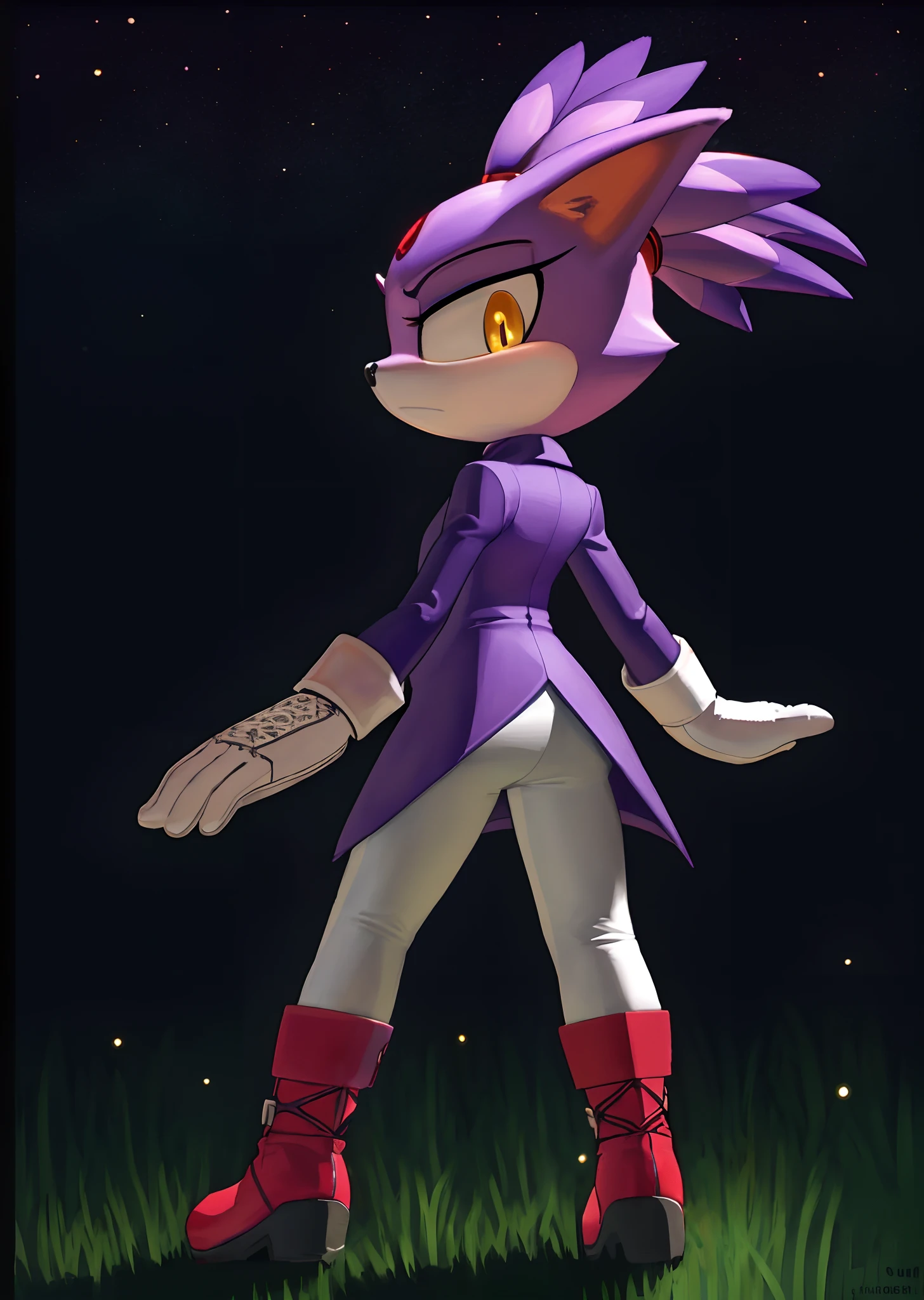 [Blaze the cat], [Uploaded to e621.net; (Pixelsketcher), (wamudraws), (napalm_express)], ((masterpiece)), ((HD)), ((High Quality)), ((furry)), ((solo portrait)), ((back view)), ((full body)), ((detailed fur)), ((detailed shading)), ((cel shading)), ((beautiful render art)), ((intricate details)), {anthro, (slender body), purple fur, black nose, cat ears, (cute yellow eyes), (red gem on forehead), long tail, (tied-up hair), (gorgeous hips), (beautiful legs), (expressionless), (frown)}, {(purple trench coat), (tight white spandex leggings), (white fluff-lined gloves), (red-pink fluff-lined heel boots)}, {(on grass), (standing), (arms at side), (looking back)}, [background; (forest), (spruce trees), (nighttime), (starry sky), (ambient lighting)]