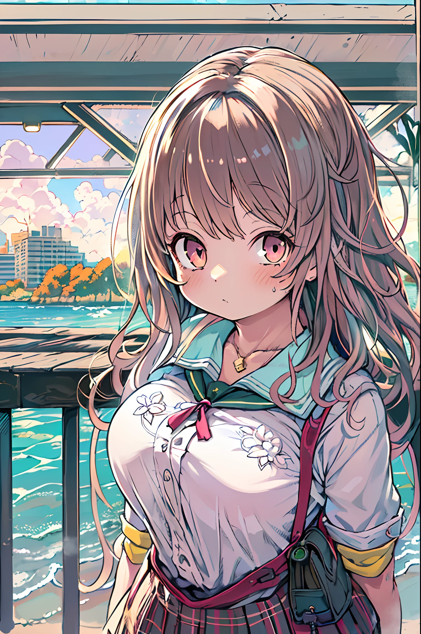 masutepiece,((ligne claire)), limited palette,Best Quality, Flat color, Low contrast, ((1girl in)),(((Very delicate and beautiful girl))),(beautifull detailed face),(Beautiful detailed eyes),{Long hair},hair adornments,((middlebreasts)),cabelos preto e longos,Hair Ribbon,School uniform , Standing,((Looking at Viewer:1.6)), View from below,Beautiful detailed sky,Bright sky,Cloudy sky,Sunlight, (detailedlight),Lighting,Colorful,ocean,Beach, Bridge,The path to school,Skyscraper, Autumn, Haze