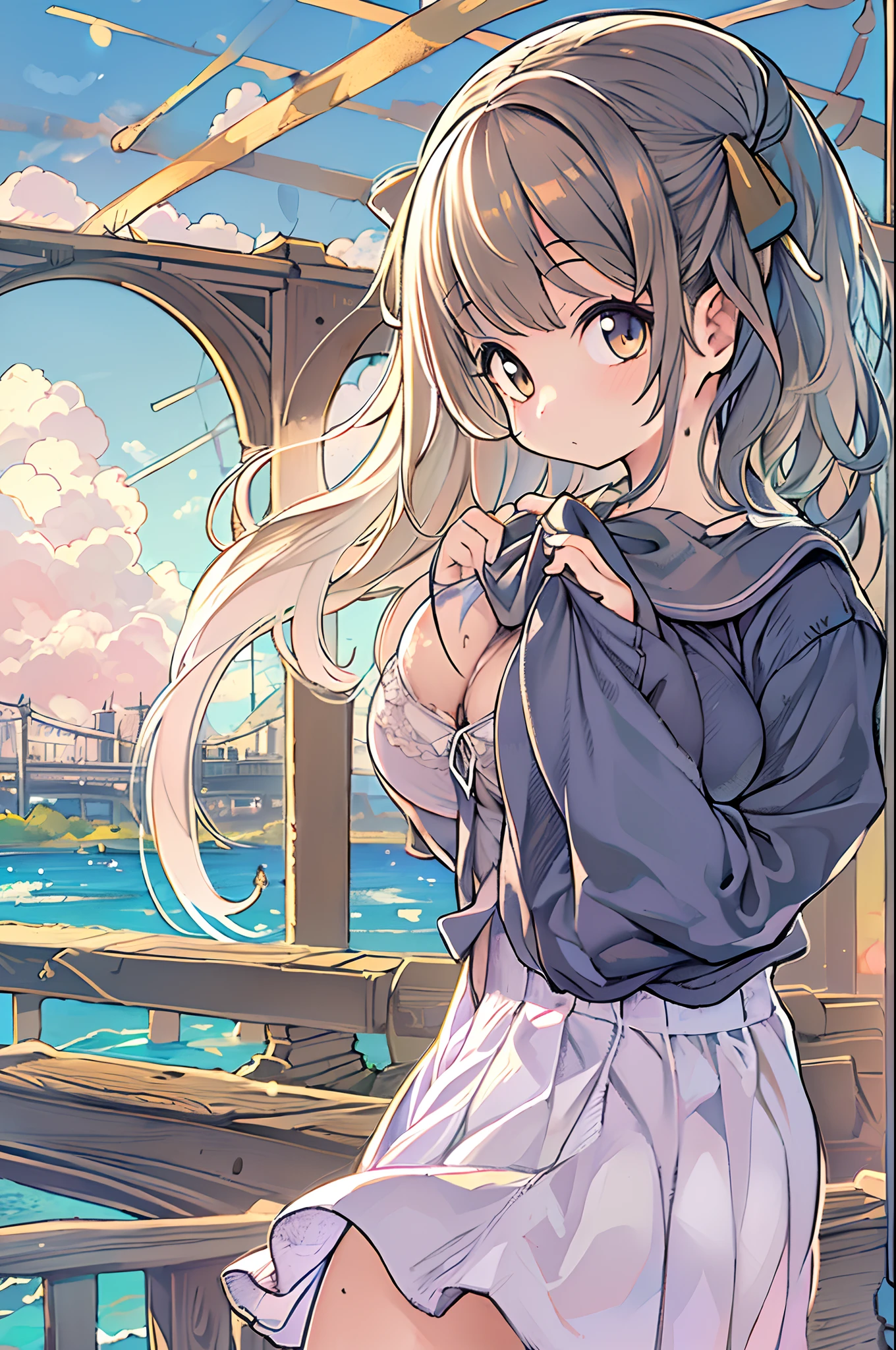 masutepiece,((ligne claire)), limited palette,Best Quality, Flat color, Low contrast, ((1girl in)),(((Very delicate and beautiful girl))),(beautifull detailed face),(Beautiful detailed eyes),{Long hair},hair adornments,((middlebreasts)),cabelos preto e longos,Hair Ribbon,School uniform , Standing,((Looking at Viewer:1.6)), View from below,Beautiful detailed sky,Bright sky,Cloudy sky,Sunlight, (detailedlight),Lighting,Colorful,ocean,Beach, Bridge,The path to school,Skyscraper, Autumn, Haze
