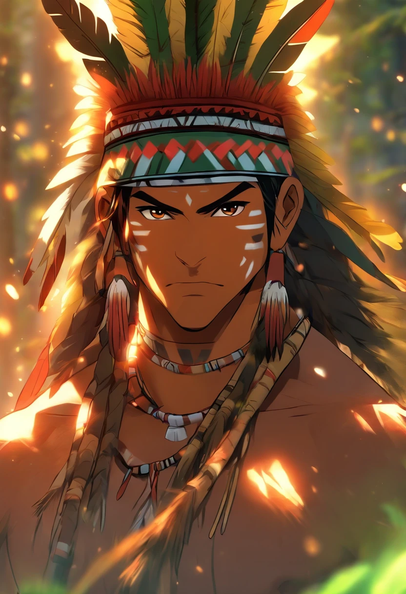 (((Indigenous man))) best quality, very high resolution, detailed CG in 4K, masterpiece, yellow and green feathers, amazon brazil, indigenous people, indigenous tribes, indigenous city, forest, aesthetics, beautiful image, centered on the screen, full body