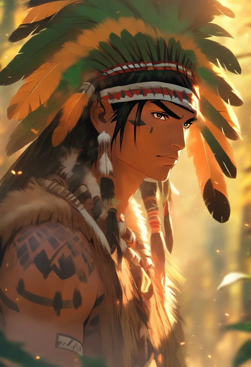 (((Indigenous man))) best quality, very high resolution, detailed CG in 4K, masterpiece, yellow and green feathers, amazon brazil, indigenous people, indigenous tribes, indigenous city, forest, aesthetics, beautiful image, centered on the screen, full body