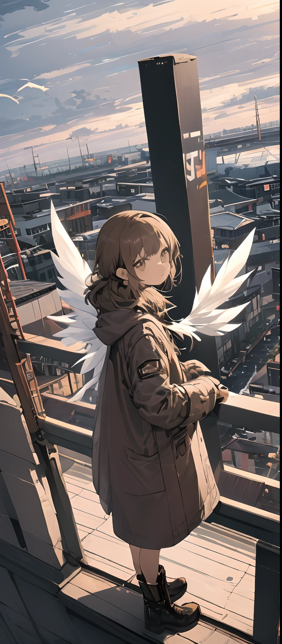 (​masterpiece、top-quality),From  above, 1girl in, 独奏, (Feather wings:1.2), signboard, brown-eyed, brown haired, built, city nigth, cloudy ash sky, coat, boots, cranes \(machines\), Dutch angle, From the side, Light frown, Look at viewers, plein air, On the rooftop, Skysky, skyscraper、natta、stele