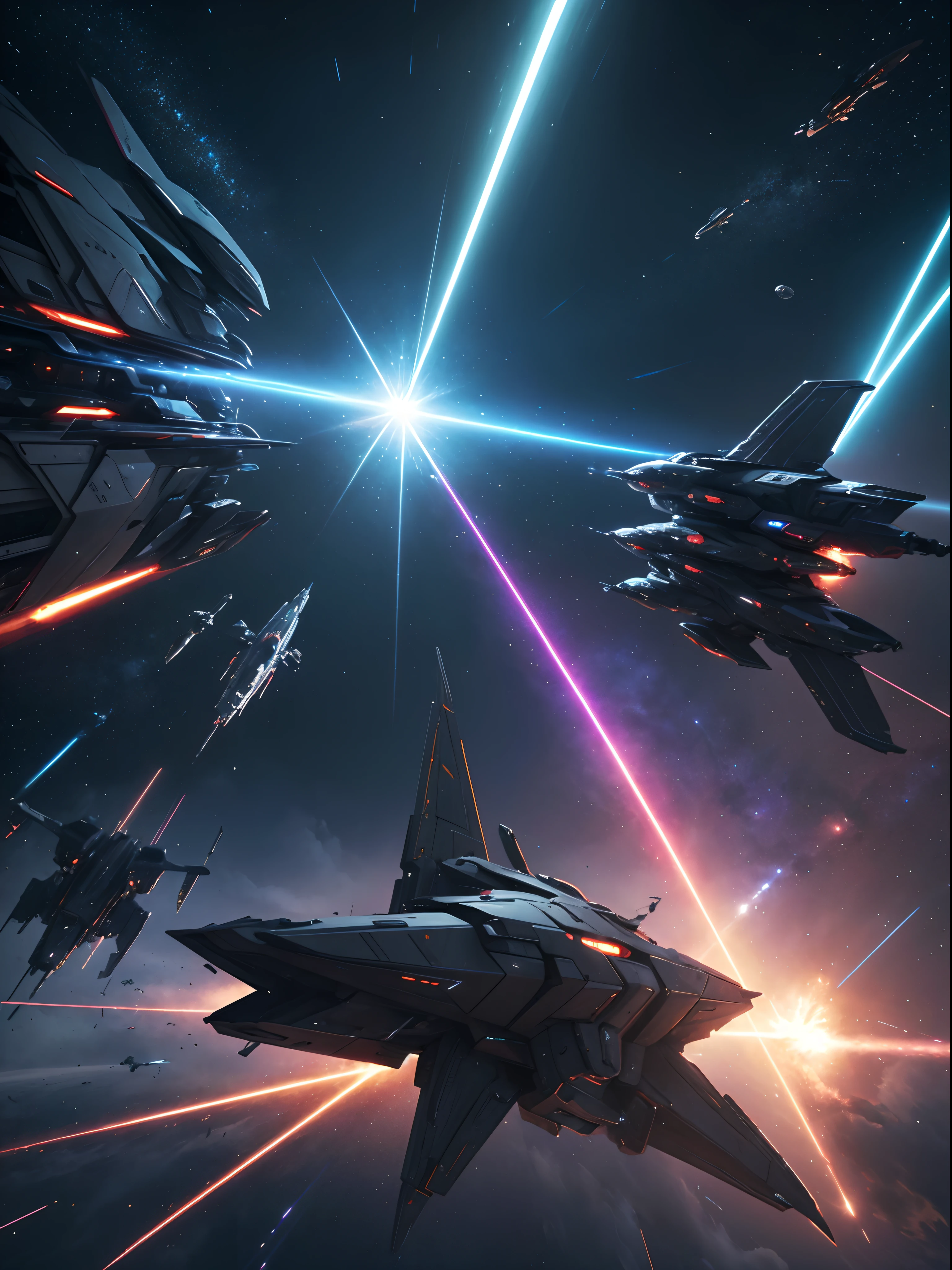 (ultra-detailed, highres), futuristic space battle, space ships attacking each other, epic battle scene, intense action, dynamic movement, explosions and debris flying, laser beams and plasma shots, 3D rendering, sci-fi concept art, vibrant colors, dramatic lighting