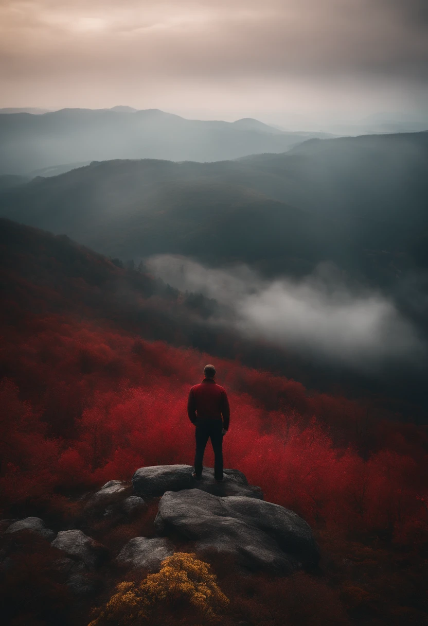 Man standing on a mountain with a red era, a yellow fog and a great view