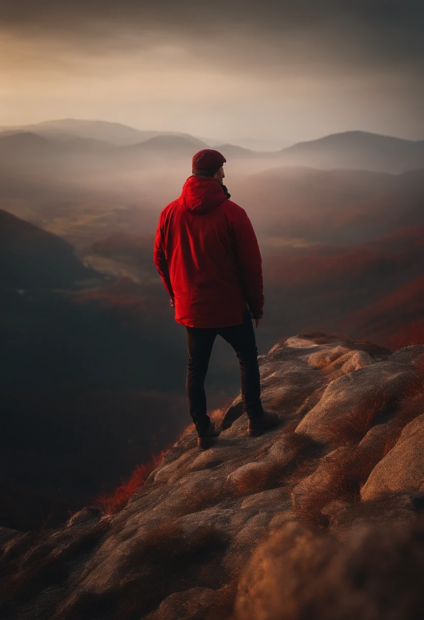 Man standing on a mountain with a red era, a yellow fog and a great view
