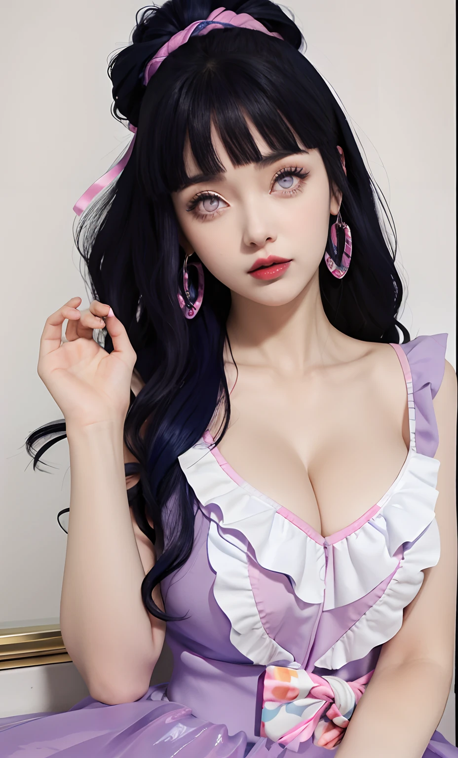 a close up of a person with long hair and a hoodie, hinata hyuga, hinata hyuga from naruto, from naruto, as an anime character, perfect anime face, she has dark blue hair with bangs, female anime character, anime character, anime best girl, hime cut hairstyle, dark blue hair, (red glossy lips:1.3), light purple eyes, big breasts, realistic, ultra detail, indoorbackground