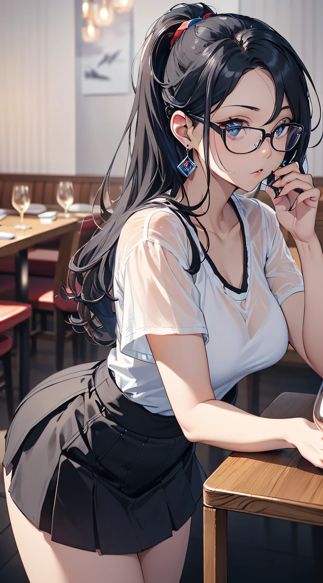 top-quality、Top image quality、​masterpiece、girl with((cute little、18year old、Best Bust、Medium bust、Bust 85,Beautiful blue eyes、Breasts wide open,Black Short Sleeve T-Shirt、White see-through、Black short skirt、Ponytail with black hair、Beautiful blue earrings、A slender、Blue hair mesh、sparking eyes,sit a chair、Meet your audience face-to-face、Leaning forward、Cheers、Poses that emphasize breasts、Fiddling with glasses、Drunken look、pouty)）hiquality、Beautiful Art、Background with((Red and blue lighting、Stylish restaurant at night、Stylish table、White Wine Bottle、White Wine Glasses)),masutepiece、Elaborate design、visualart、depth of fields、The best lighting、highestdetailed、8ｋ